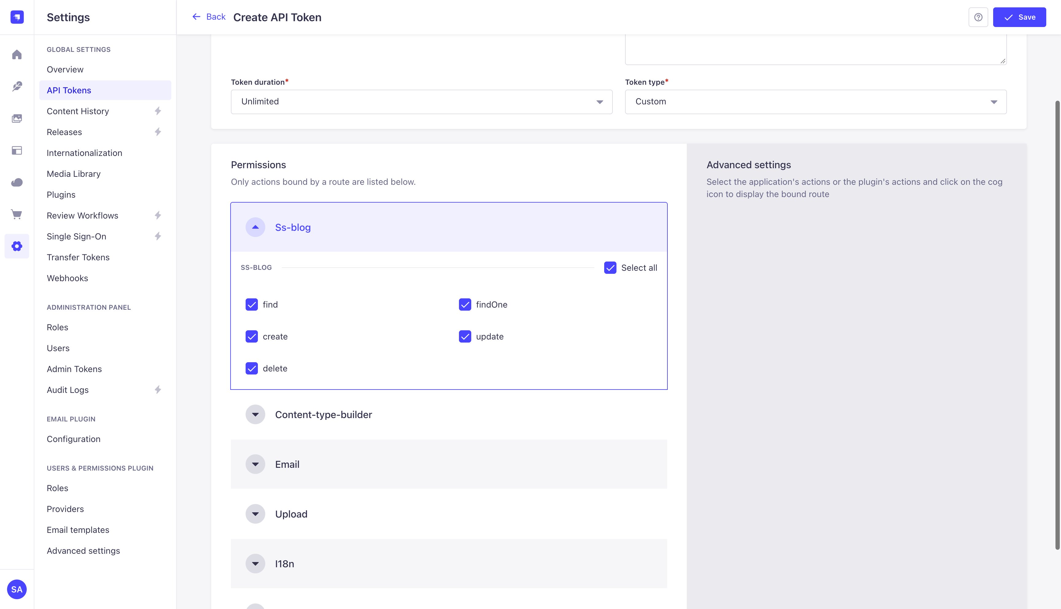 Create API Token form with Token duration Unlimited, Token type Custom, and the Ss-blog permissions expanded with find, findOne, create, update and delete ticked