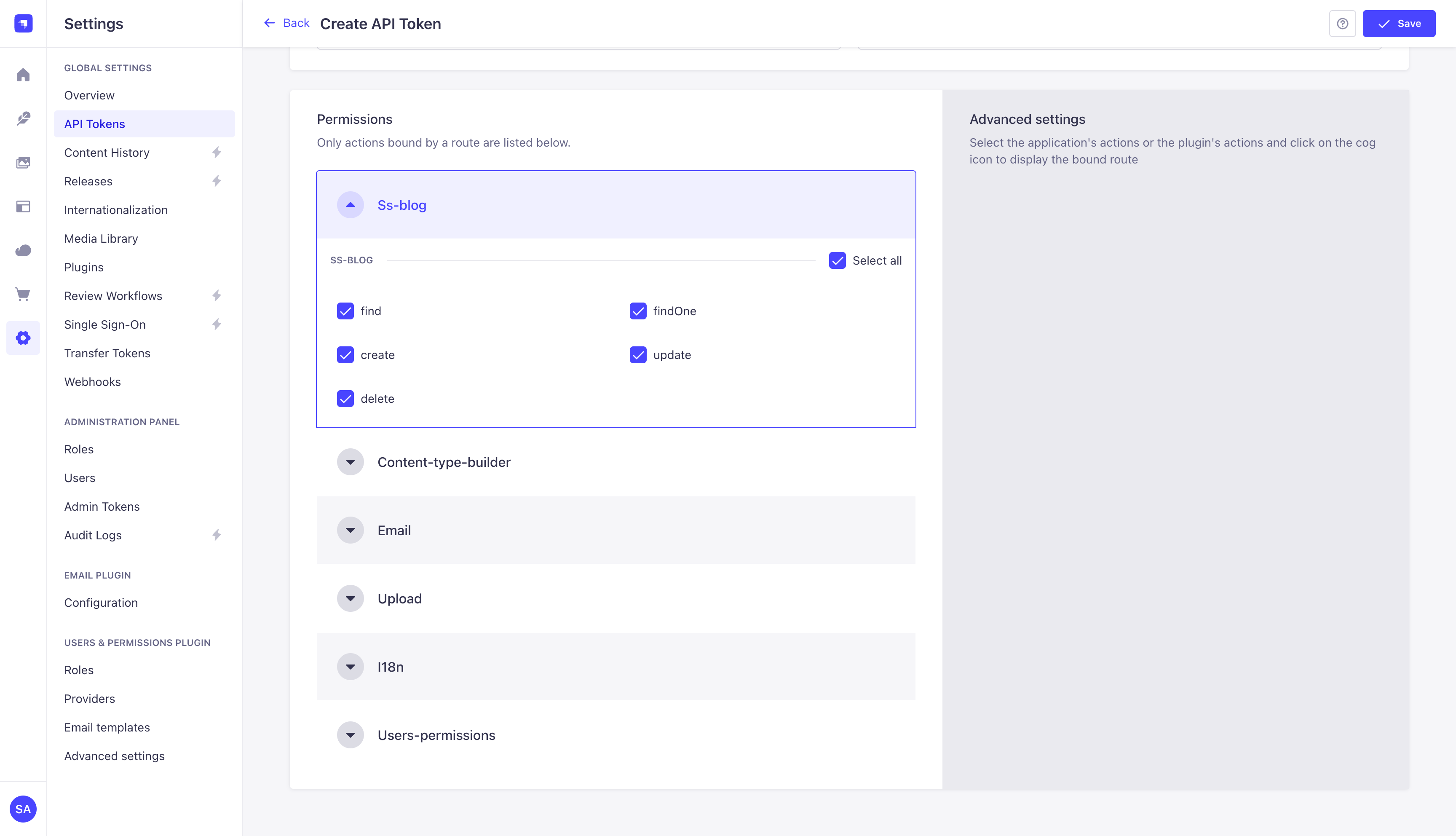 Token permissions with the Ss-blog section expanded and find, findOne, create, update and delete ticked; Content-type-builder and Upload sections collapsed below