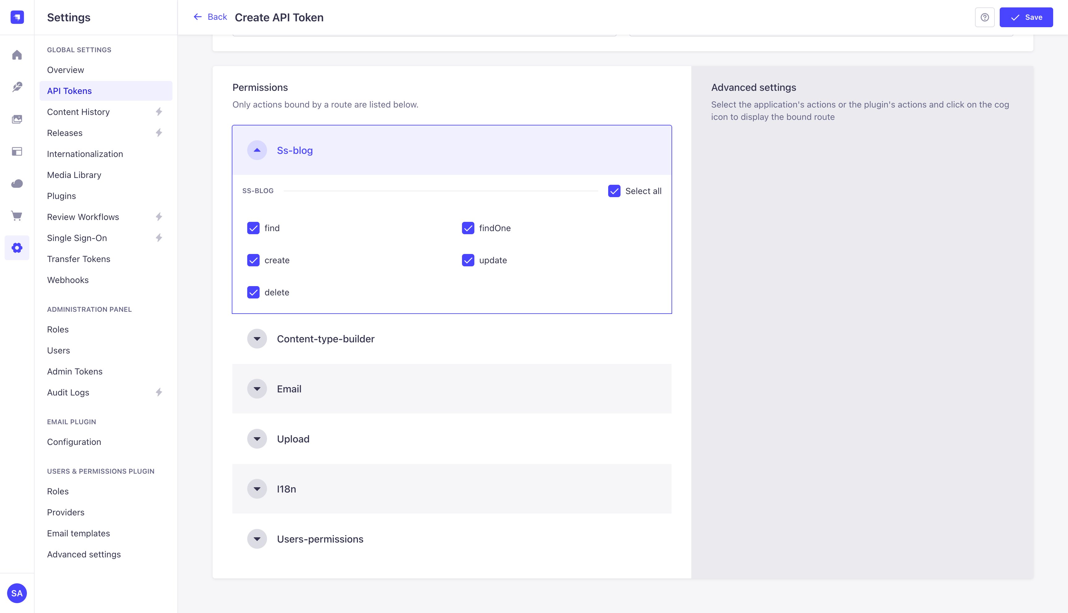 Token permissions with the Ss-blog section expanded and find, findOne, create, update and delete ticked; Content-type-builder and Upload sections collapsed below