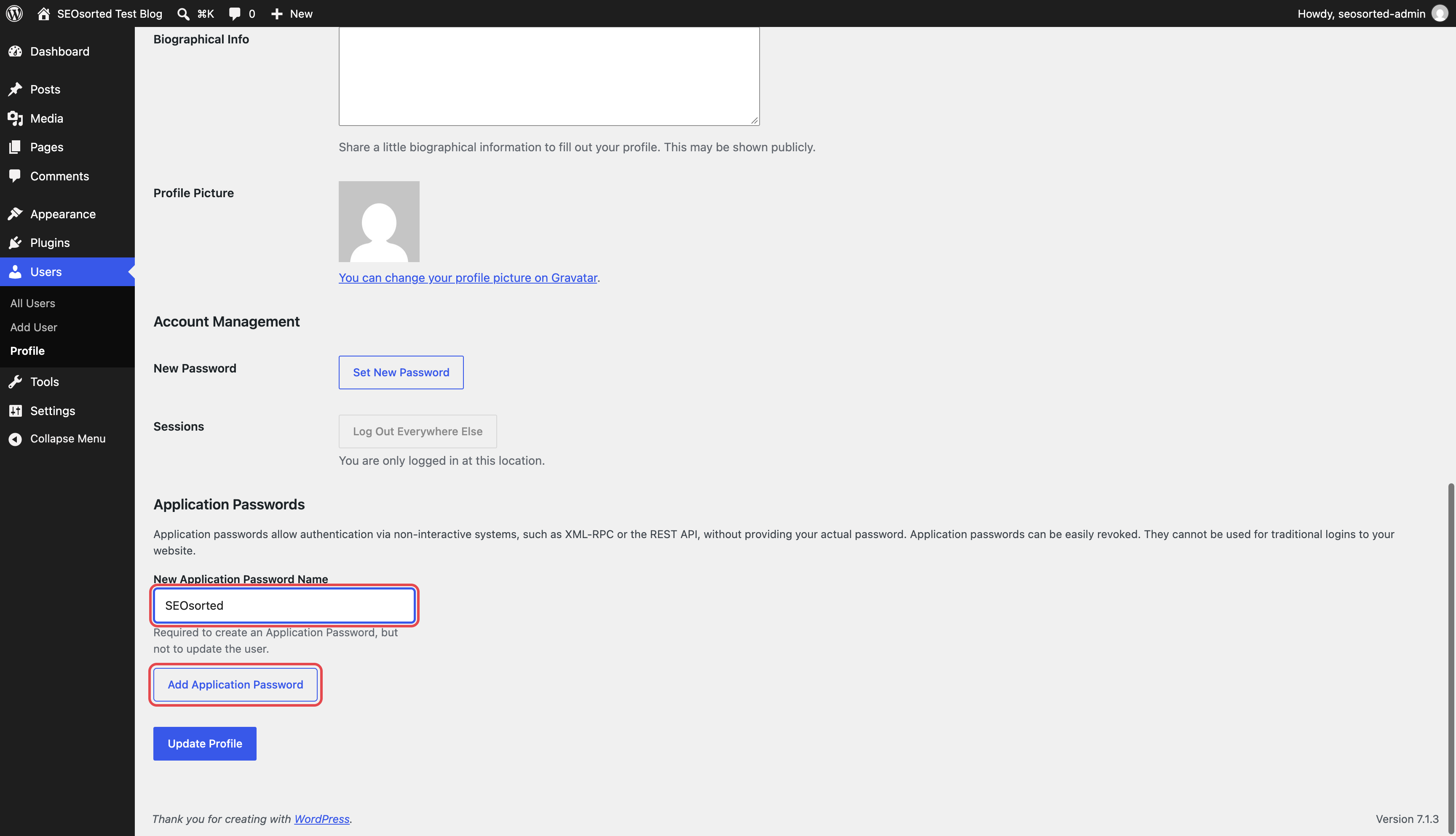 Application Passwords section with the name SEOsorted and the Add Application Password button highlighted
