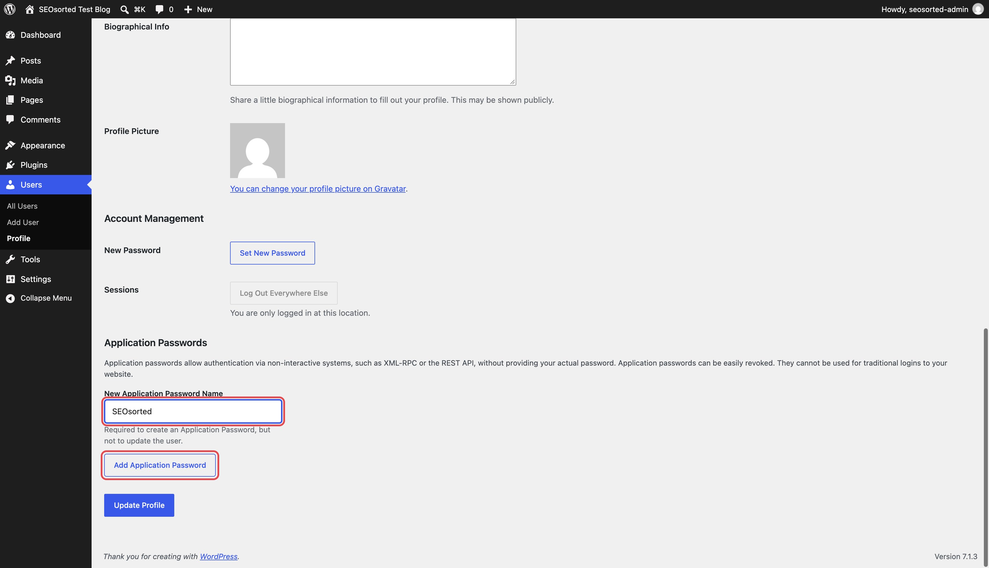Application Passwords section with the name SEOsorted and the Add Application Password button highlighted