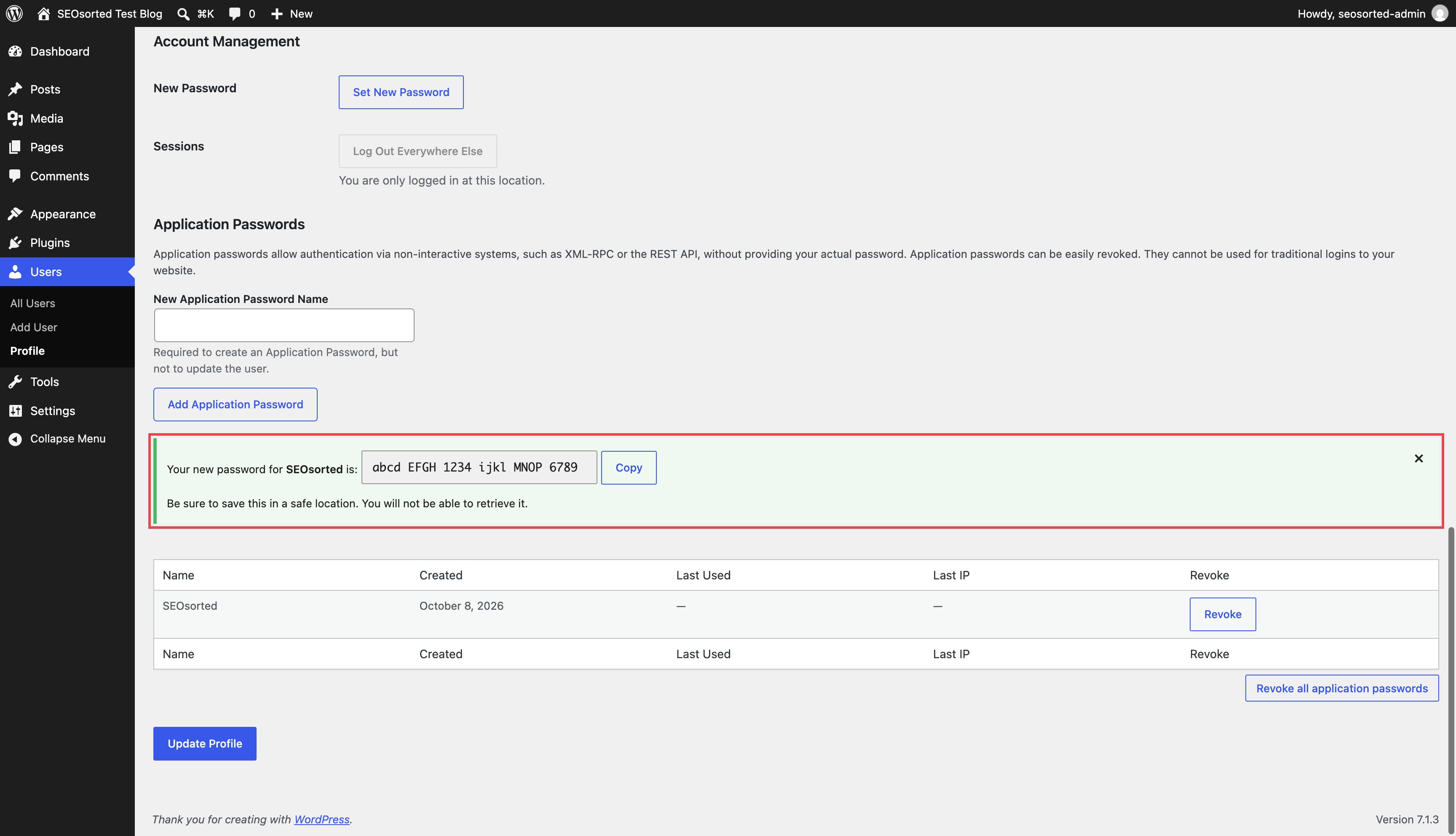 WordPress notice reading Your new password for SEOsorted is, with a masked password in groups of four and a Copy button