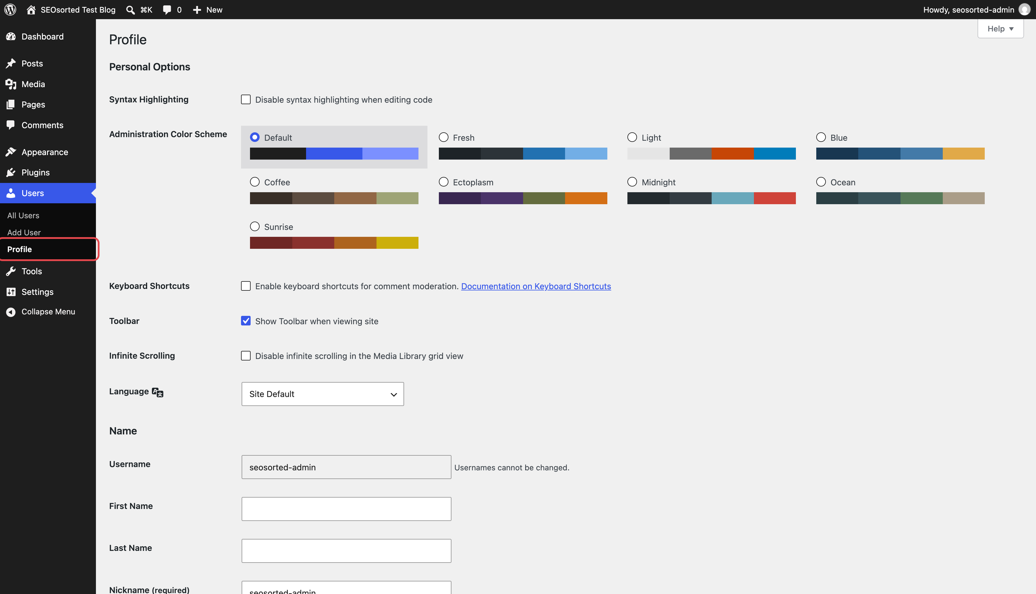 WordPress admin Profile screen with Profile highlighted under Users in the sidebar