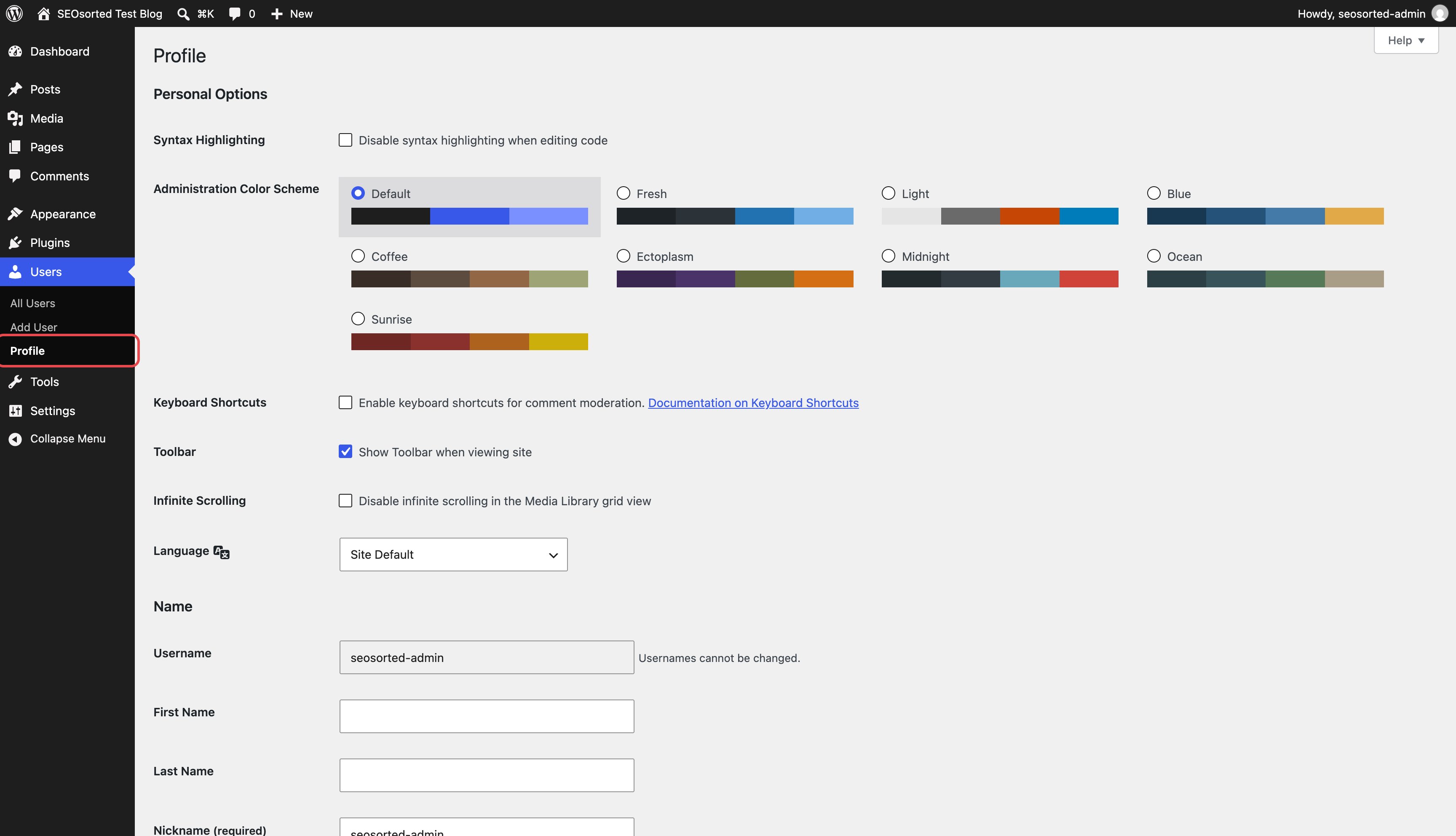 WordPress admin Profile screen with Profile highlighted under Users in the sidebar