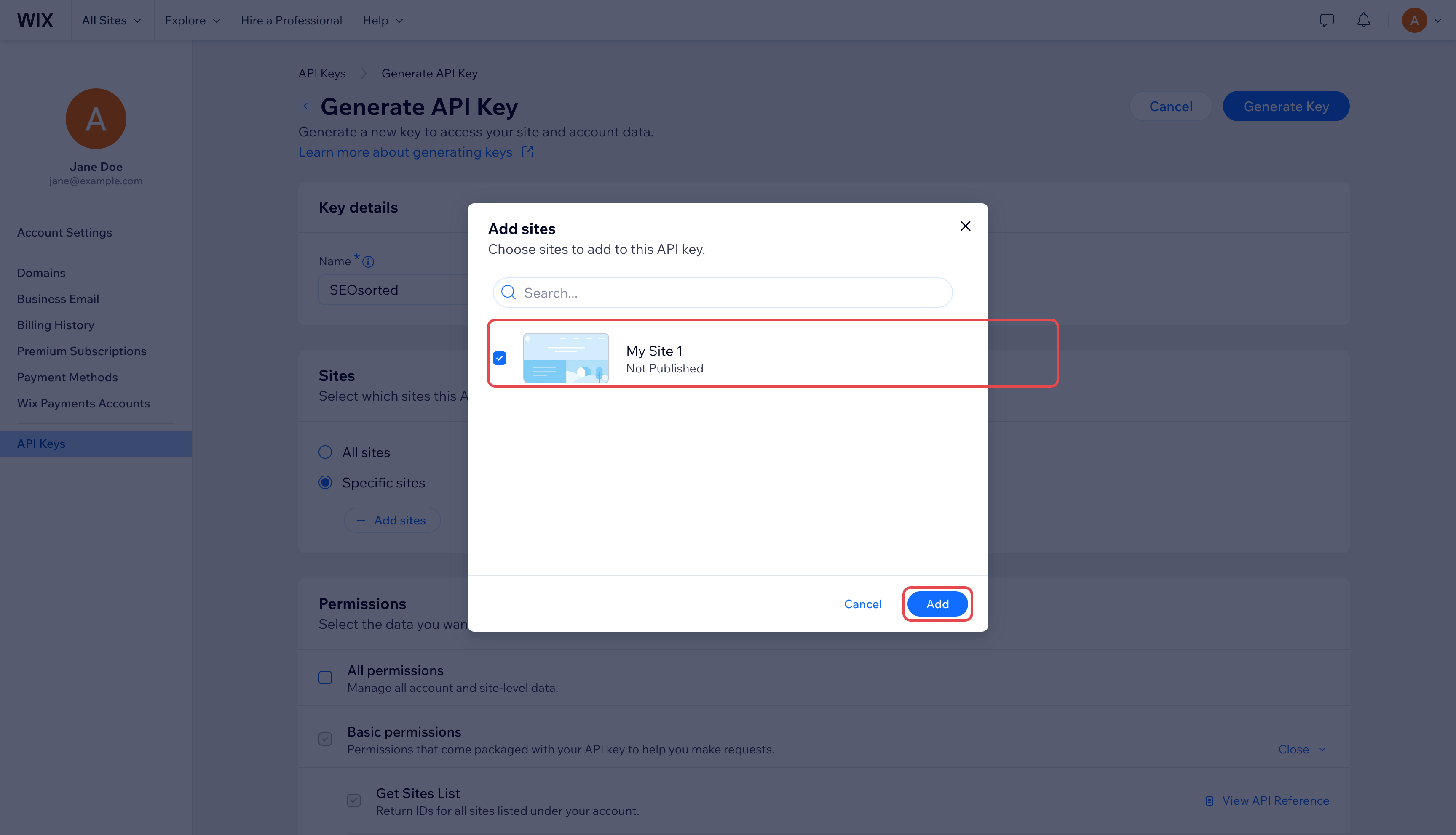 Add sites dialog with one site ticked and the Add button highlighted