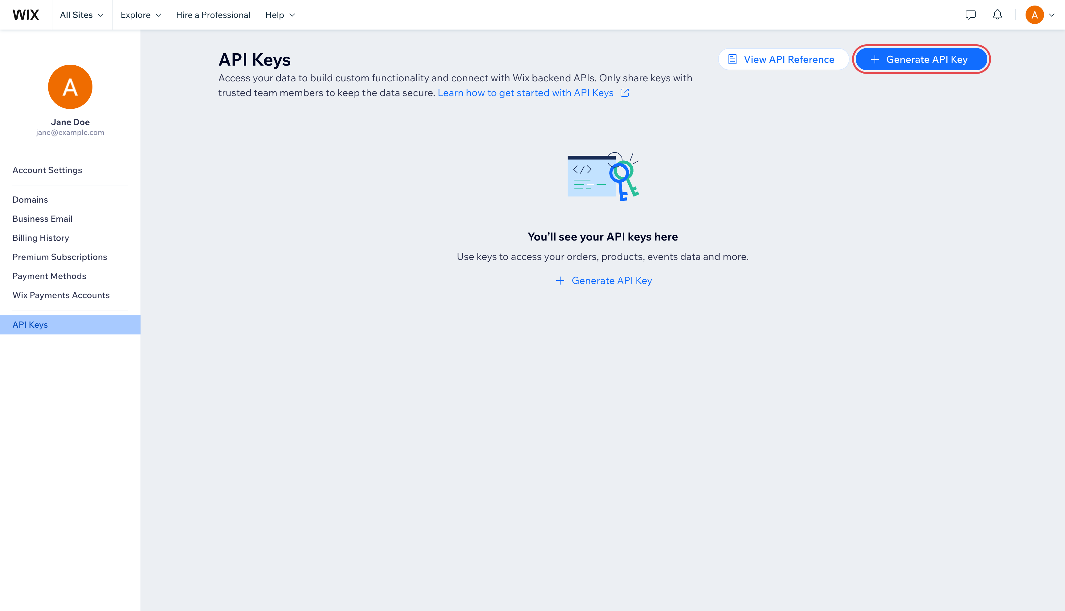 Wix API Keys page with the Generate API Key button highlighted