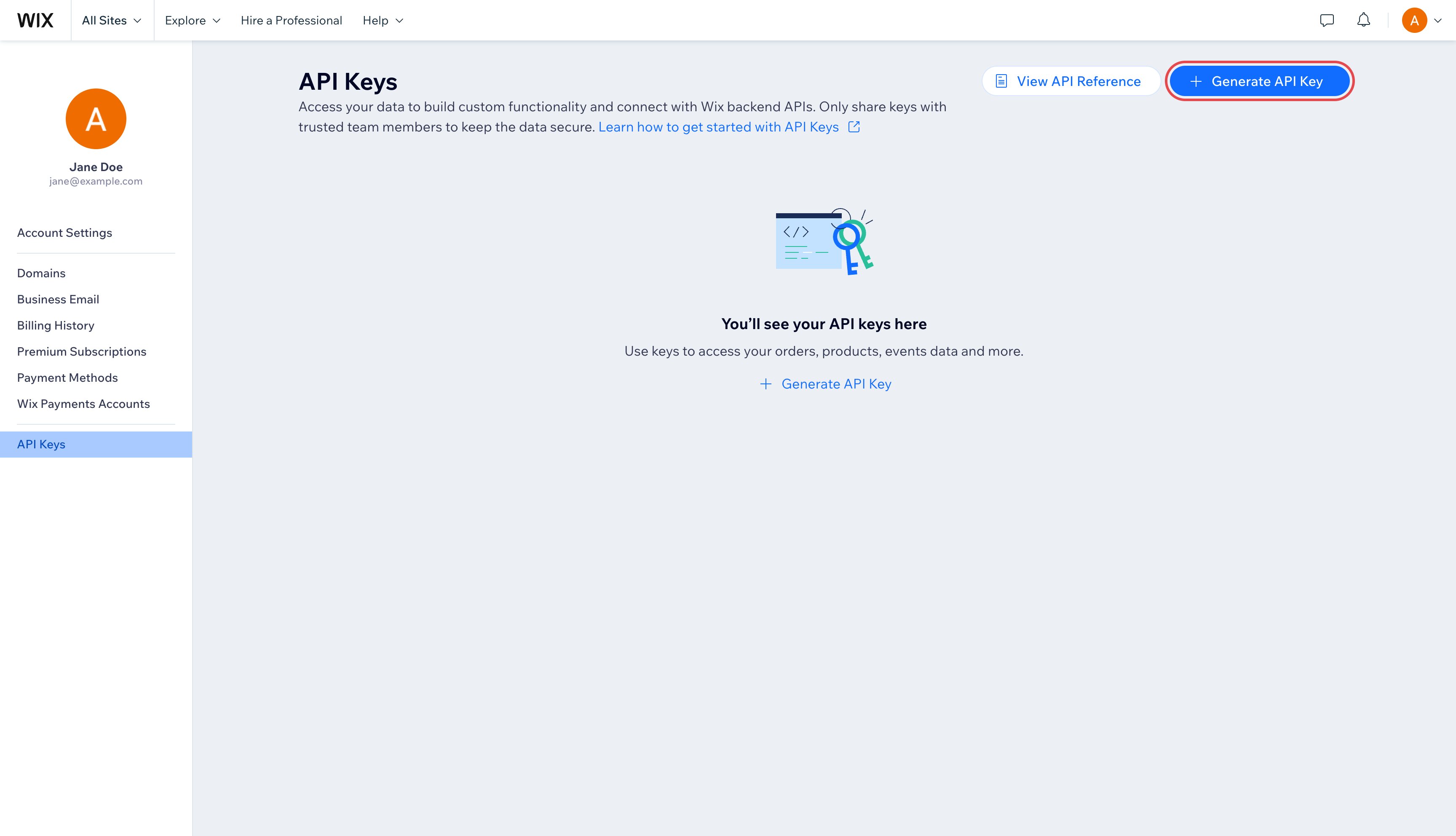 Wix API Keys page with the Generate API Key button highlighted