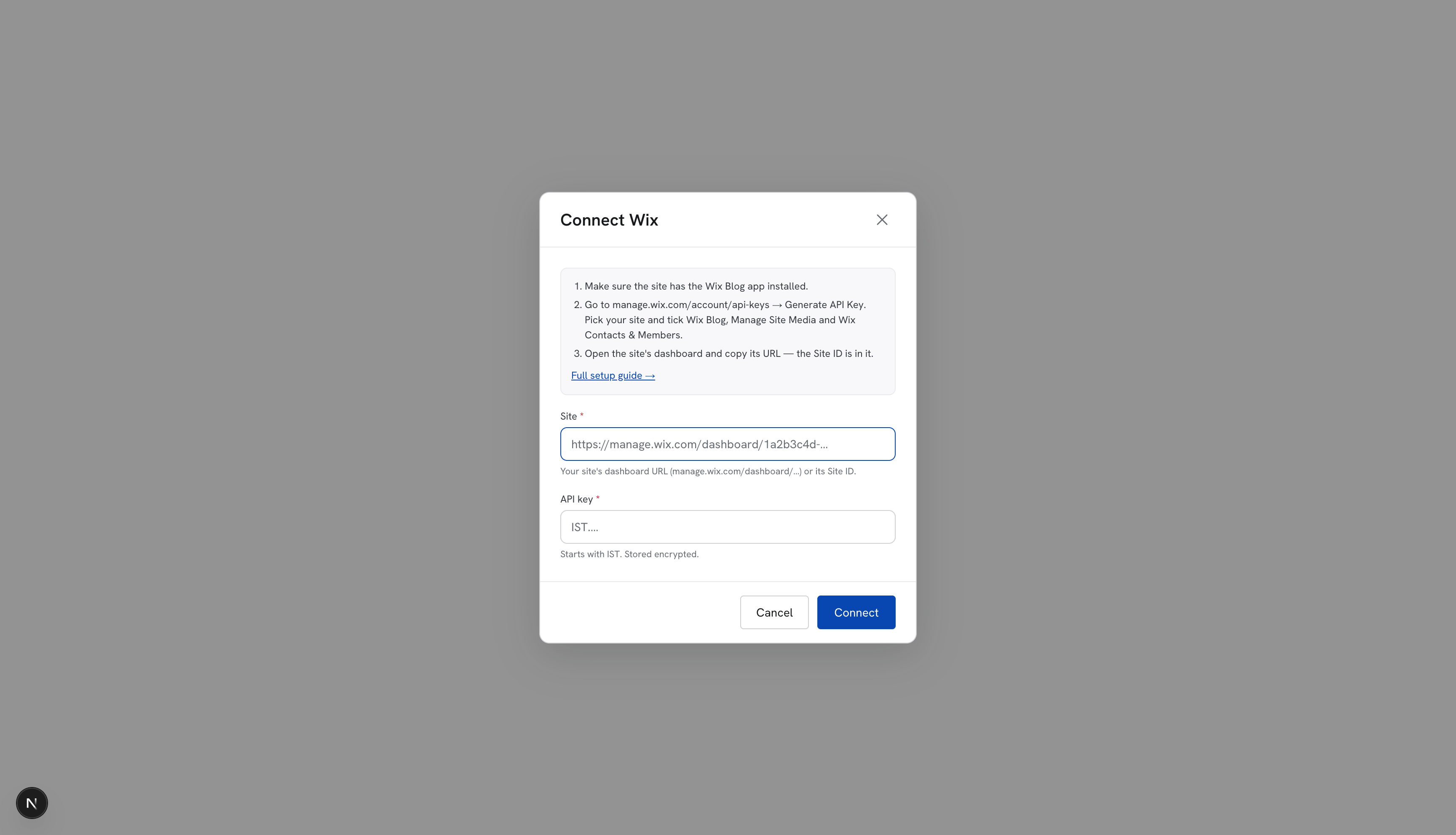 Connect Wix dialog with setup steps, a Site field and an API key field