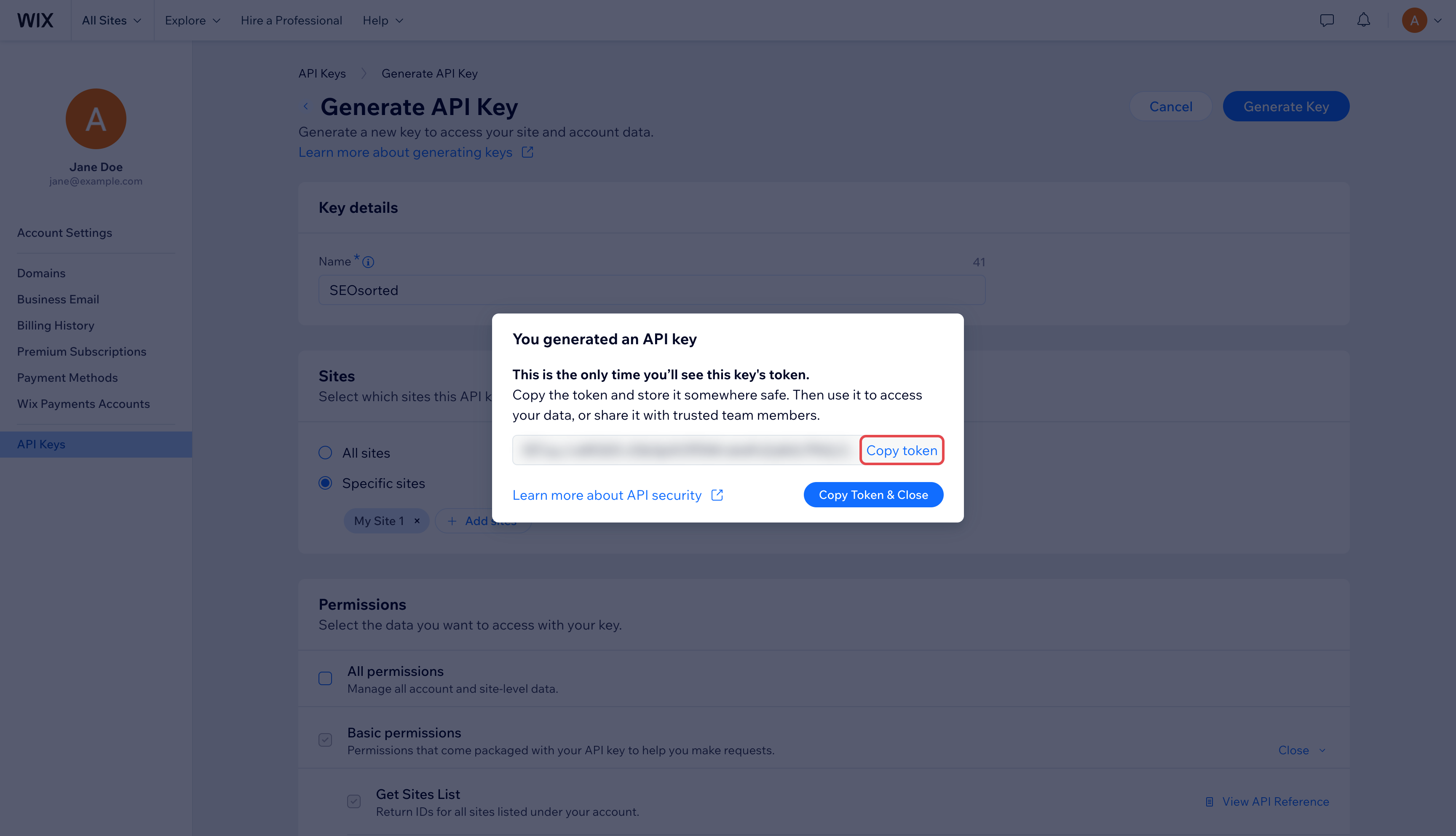 You generated an API key dialog with the token hidden and Copy token highlighted