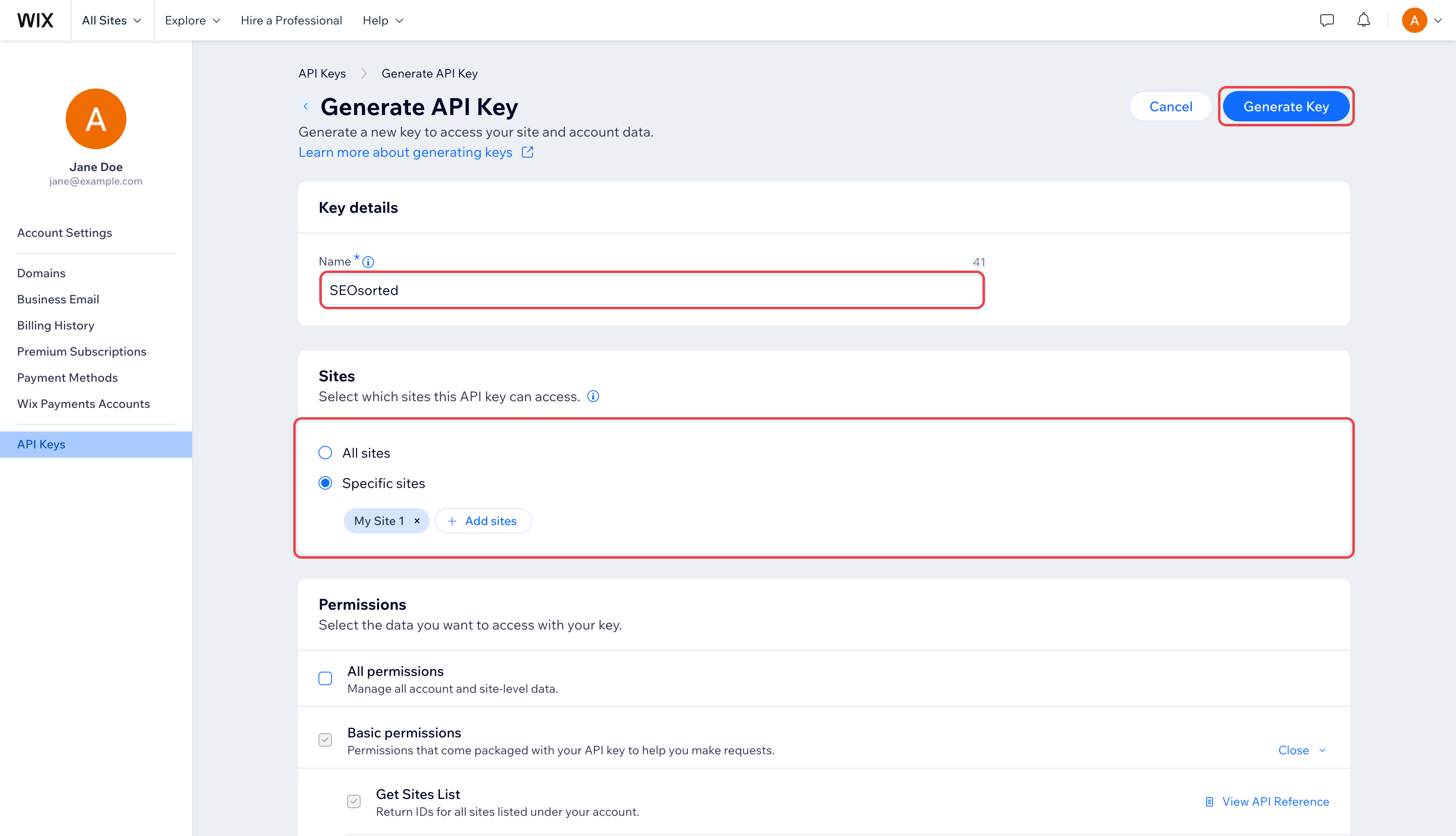 Generate API Key form with the name SEOsorted, Specific sites with My Site 1 selected, and the Generate Key button highlighted