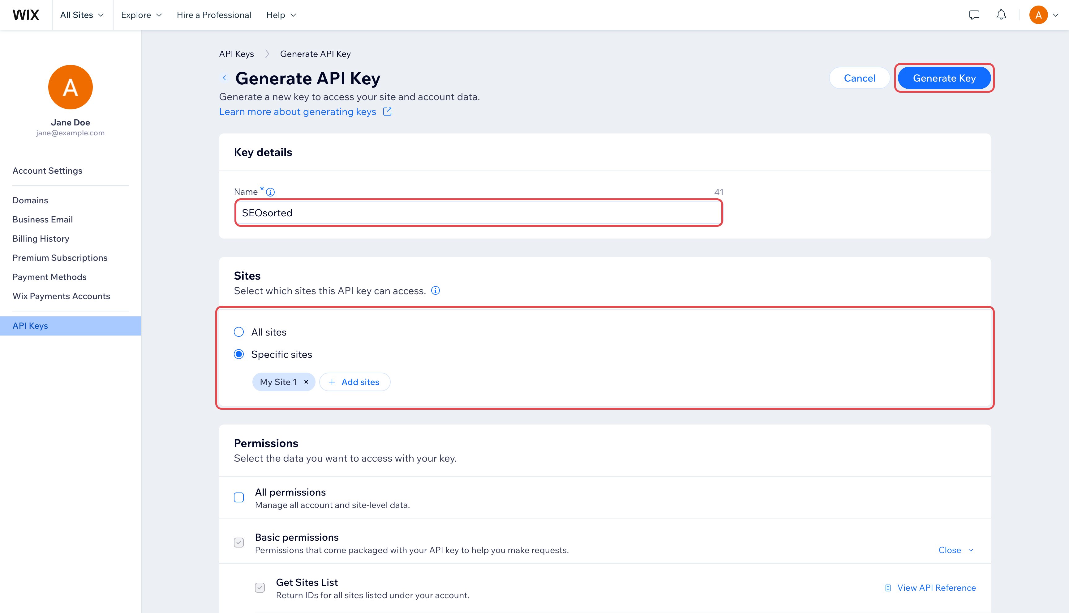 Generate API Key form with the name SEOsorted, Specific sites with My Site 1 selected, and the Generate Key button highlighted