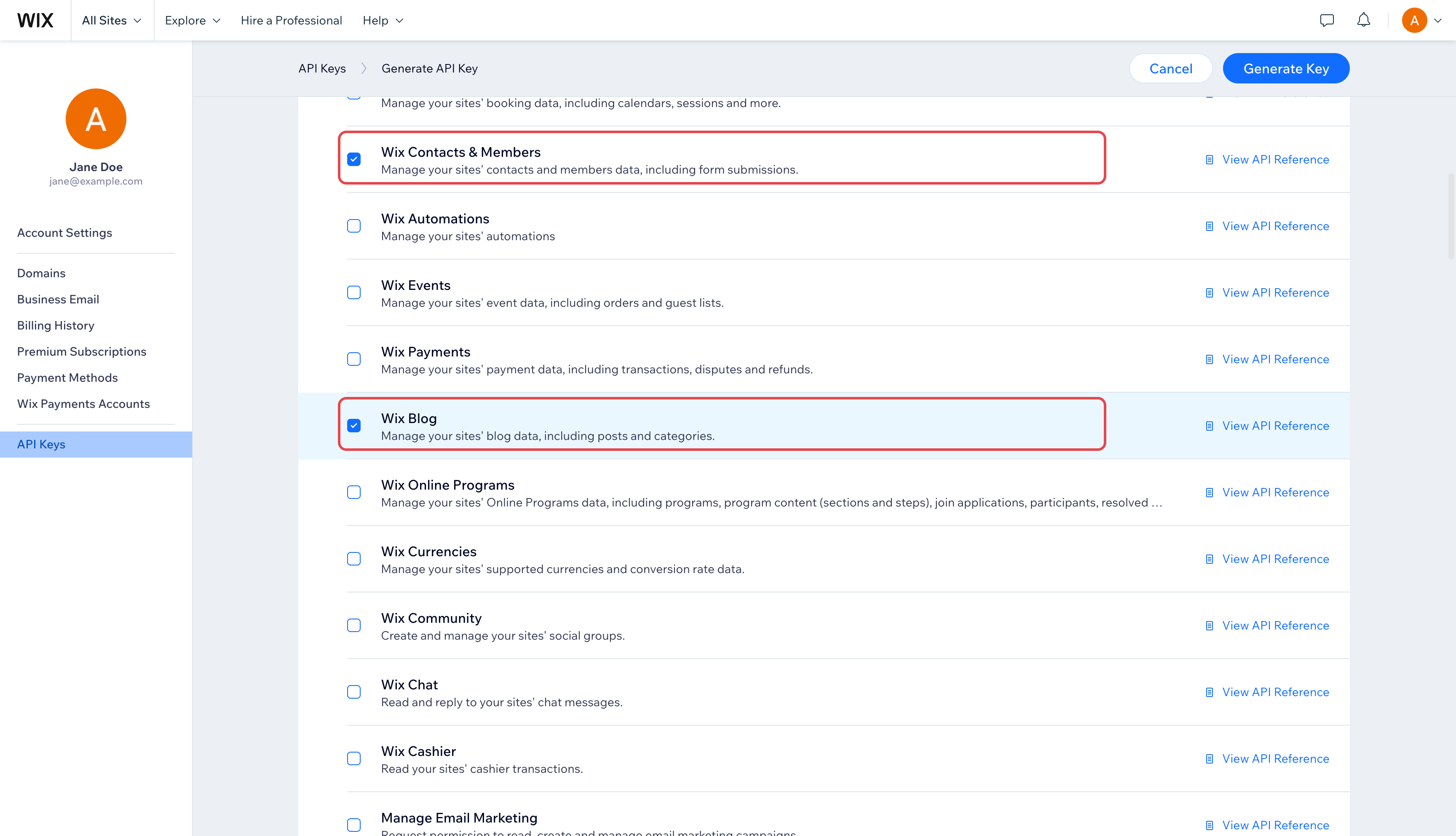 Wix site permissions list with Wix Contacts & Members and Wix Blog ticked and highlighted