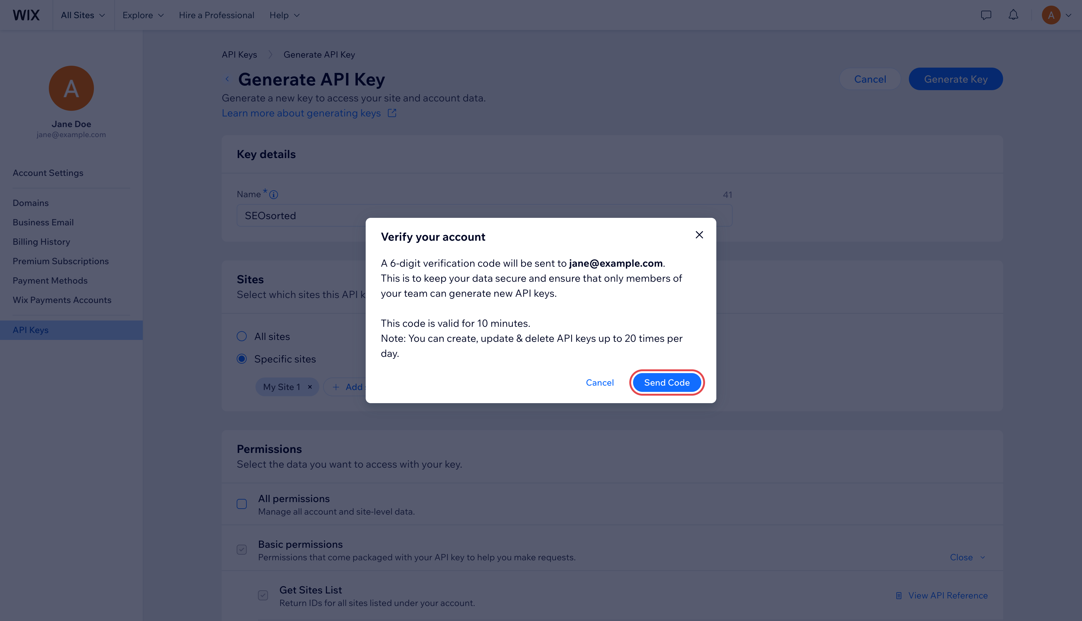 Verify your account dialog with the Send Code button highlighted