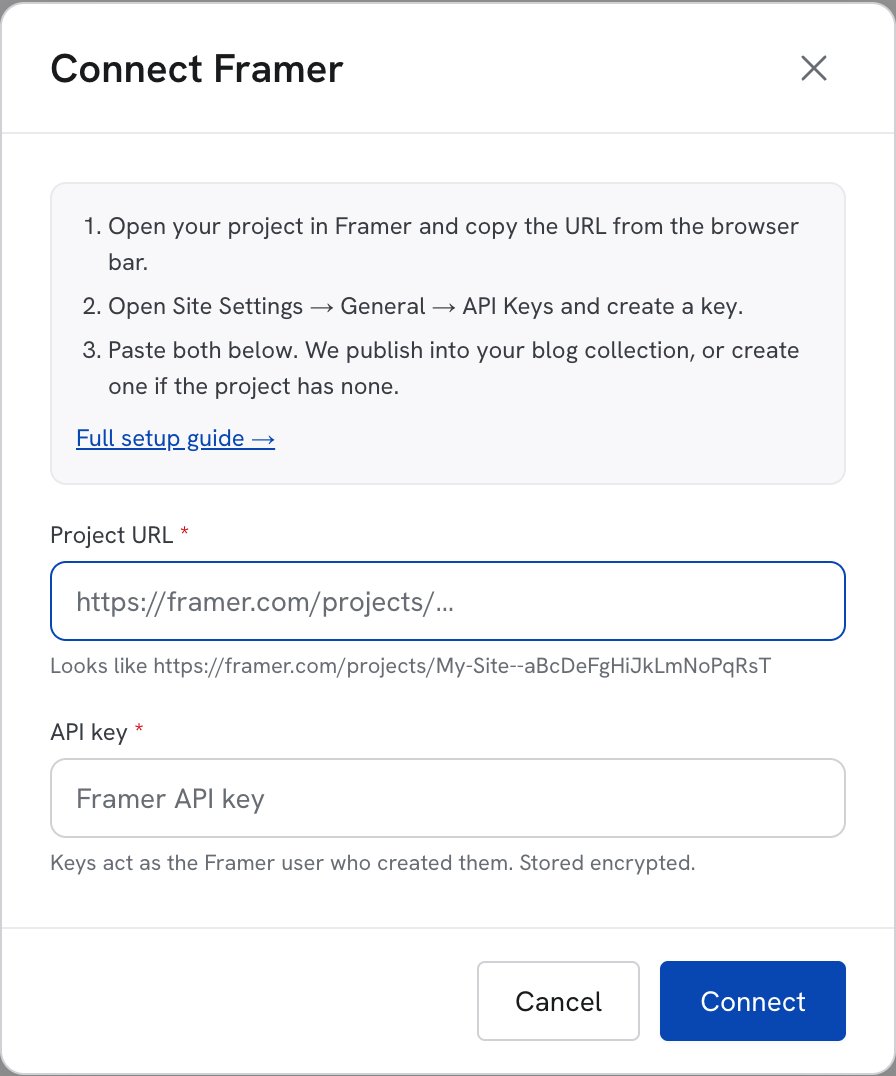 Connect Framer dialog with setup steps and Project URL and API key fields