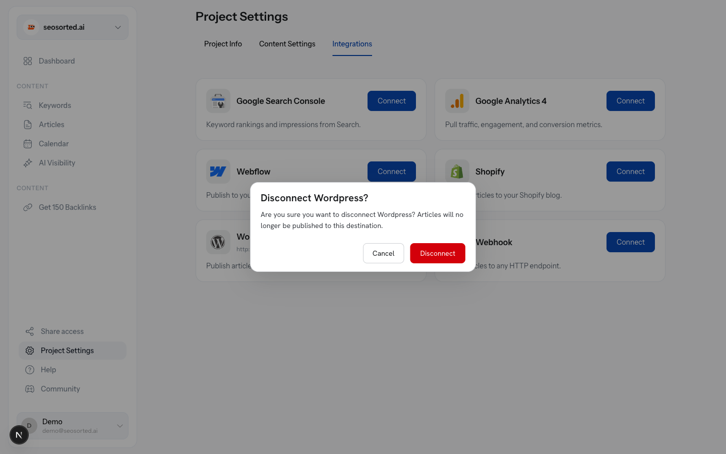 Disconnect Wordpress dialog explaining that articles will no longer be published to this destination