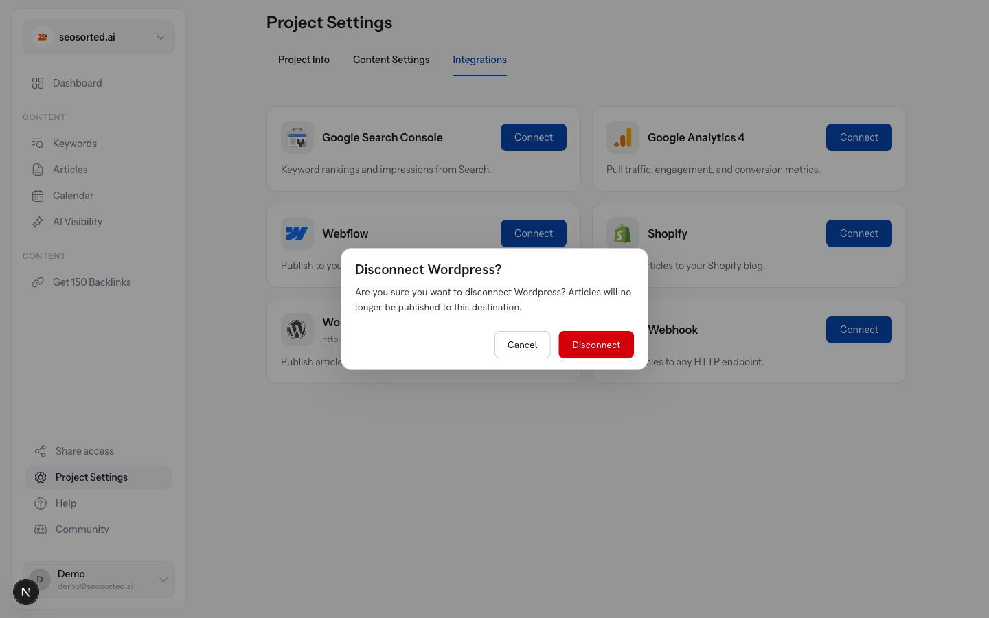 Disconnect Wordpress dialog explaining that articles will no longer be published to this destination