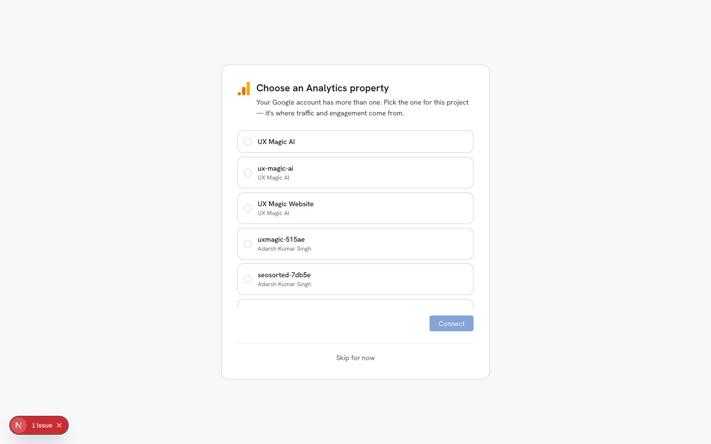 Choose an Analytics property screen listing six GA4 properties grouped by account, with nothing preselected