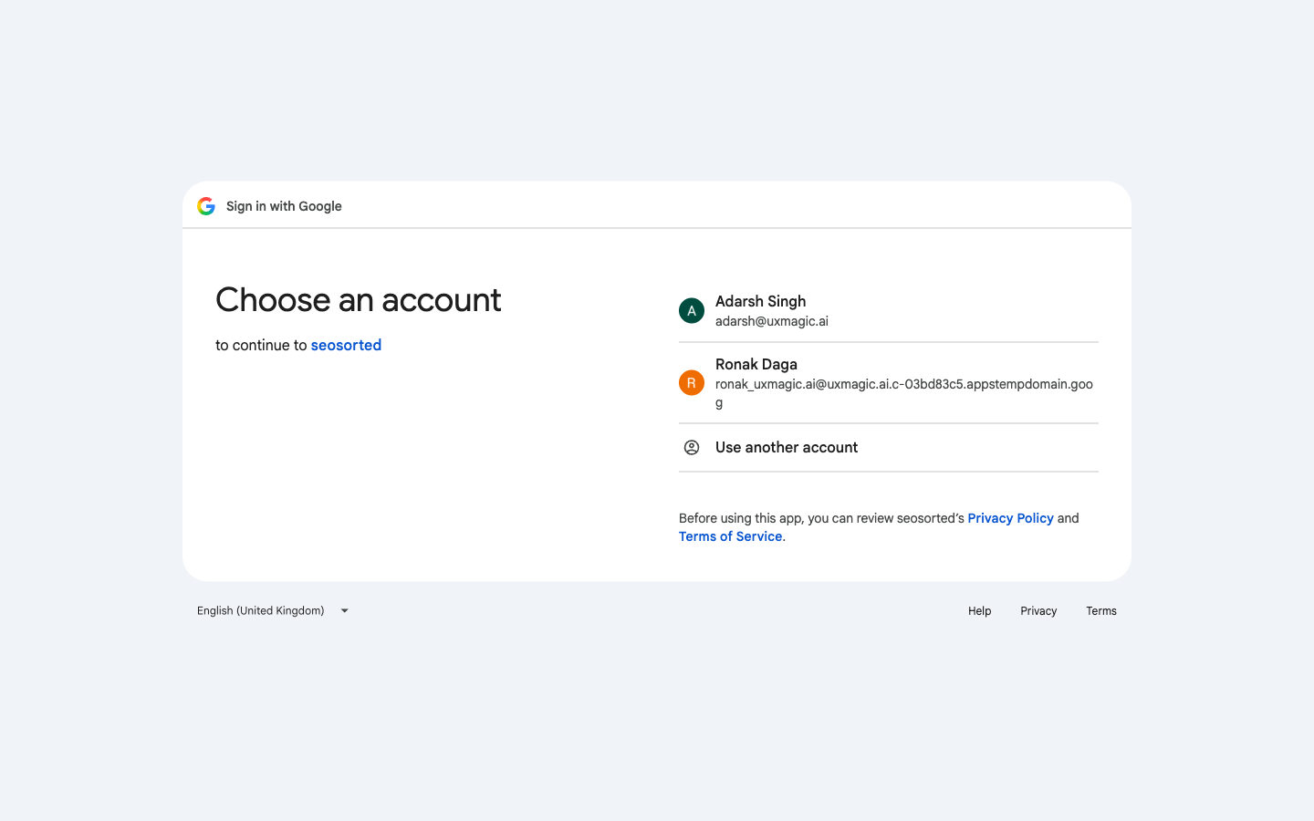 Google account chooser showing two accounts, continuing to seosorted