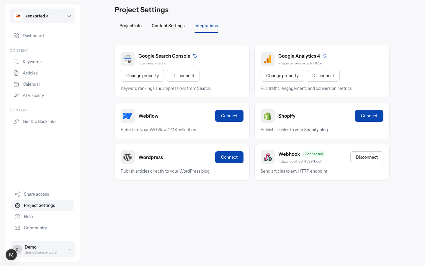 Search Console card showing Site: seosorted.ai and Analytics showing its property