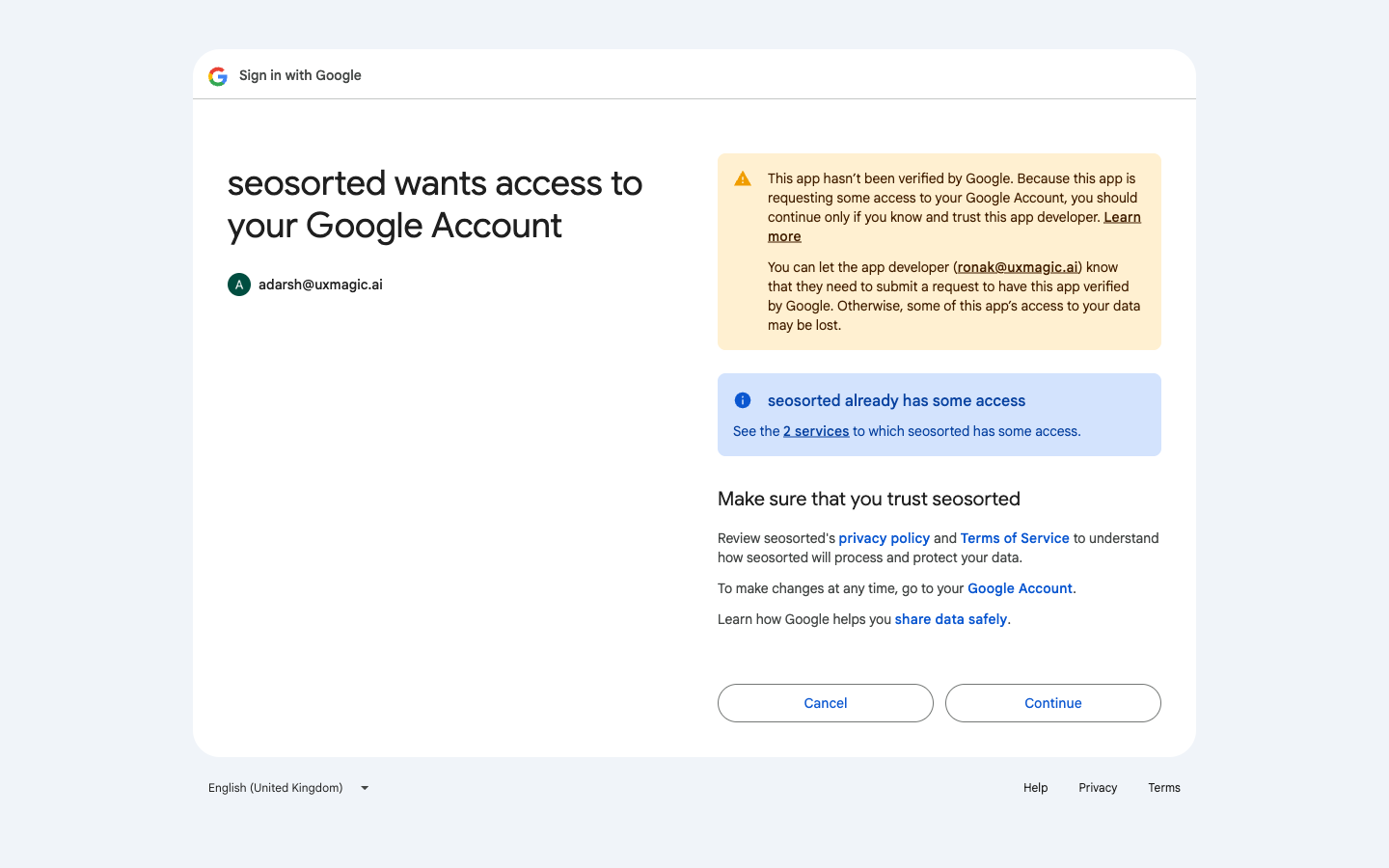 Google consent screen showing seosorted wants access to your Google Account