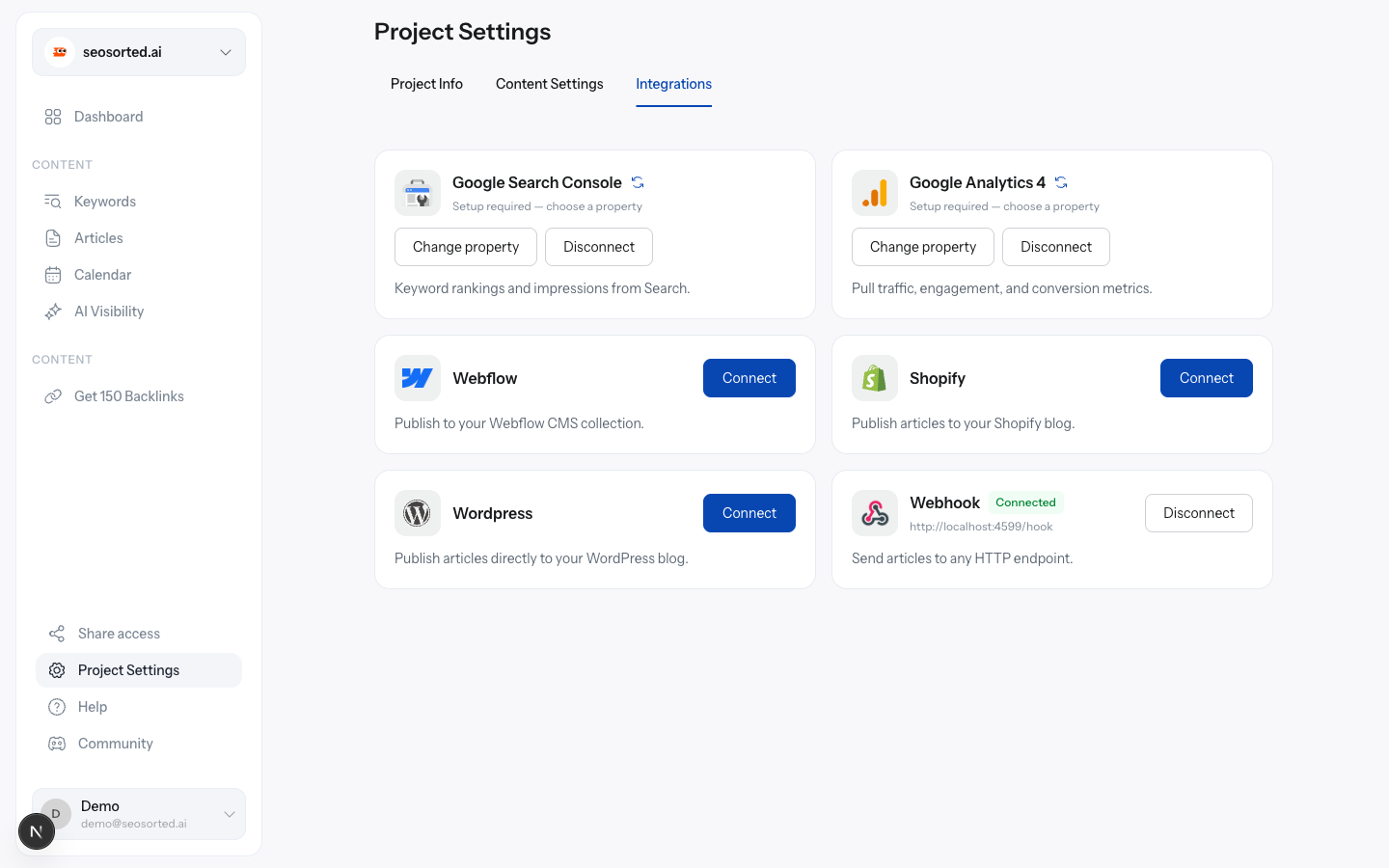 Search Console and Analytics cards showing Setup required — choose a property