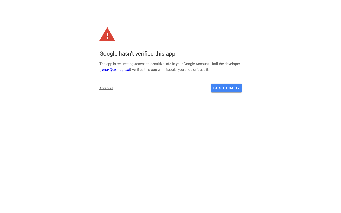 Google warning page reading Google hasn't verified this app, with Advanced and Back to safety