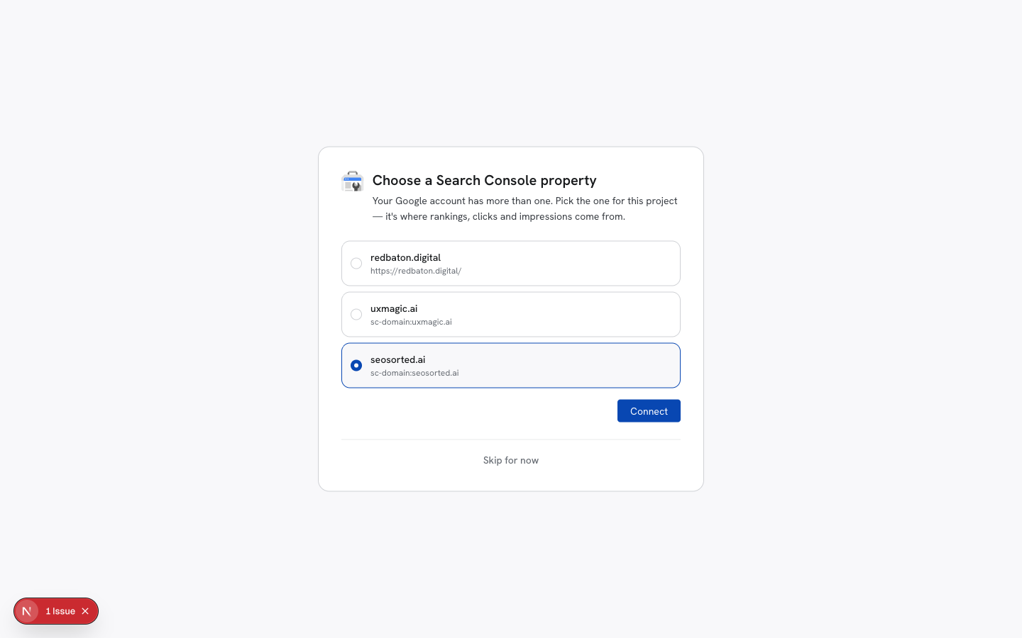 Choose a Search Console property screen listing redbaton.digital, uxmagic.ai and seosorted.ai