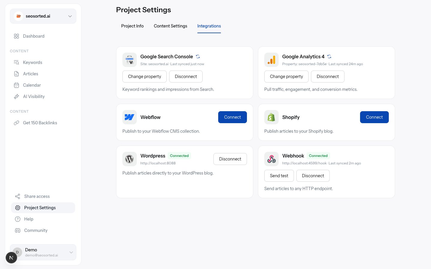 Integrations tab with four connectors showing Connected badges, target URLs and last-synced times