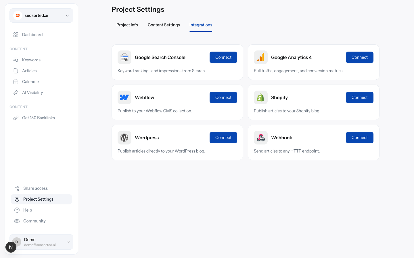 The Integrations tab showing six connector cards, each with a Connect button