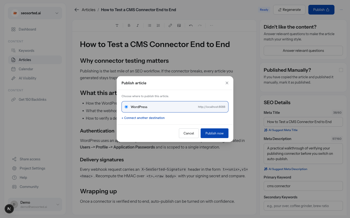 Publish article dialog with WordPress selected as the destination