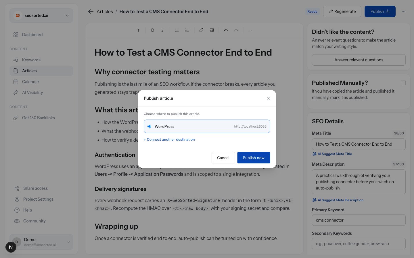 Publish article dialog with WordPress selected as the destination