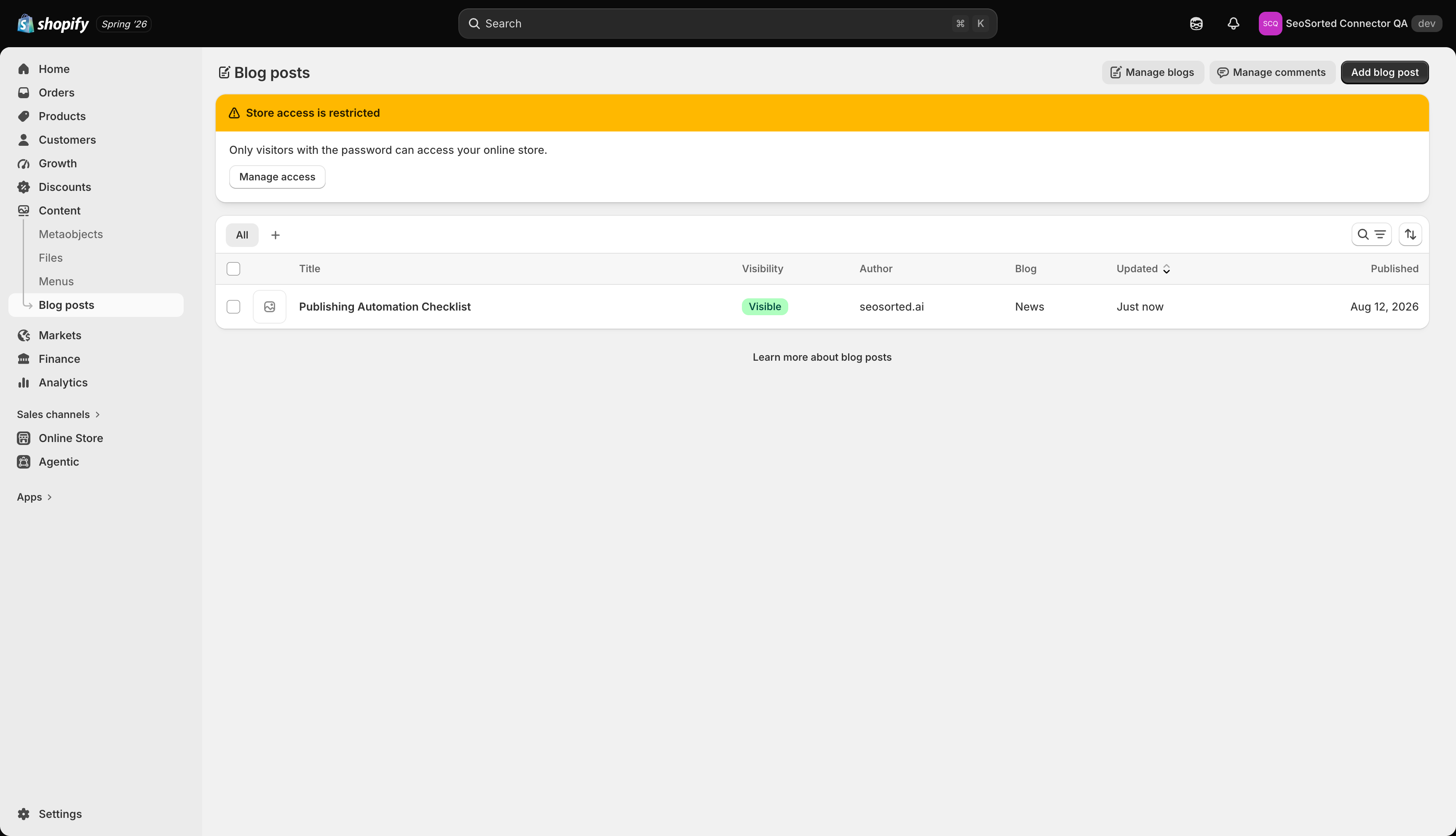 Shopify Blog posts list showing Publishing Automation Checklist, visible, in the News blog