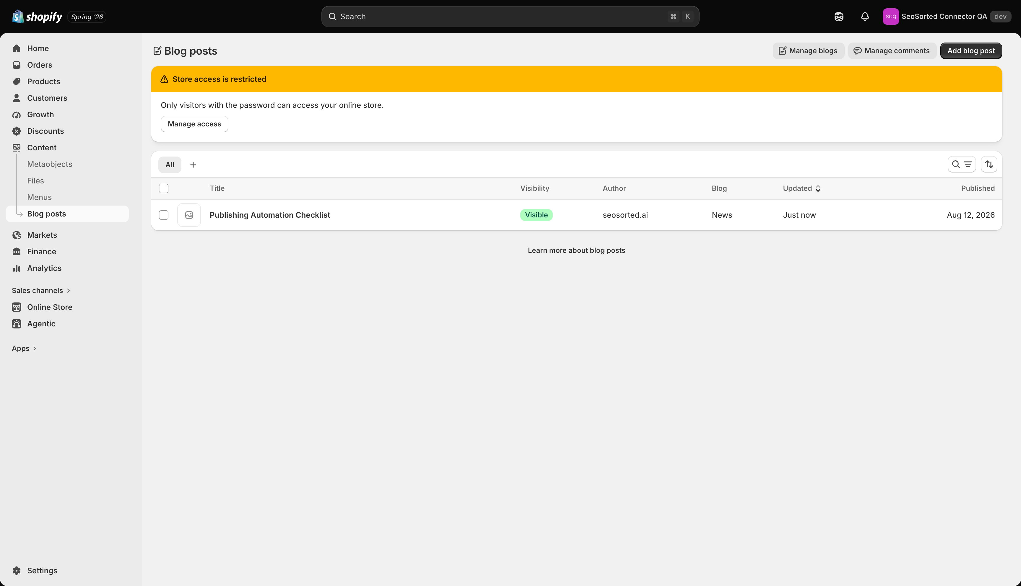 Shopify Blog posts list showing Publishing Automation Checklist, visible, in the News blog