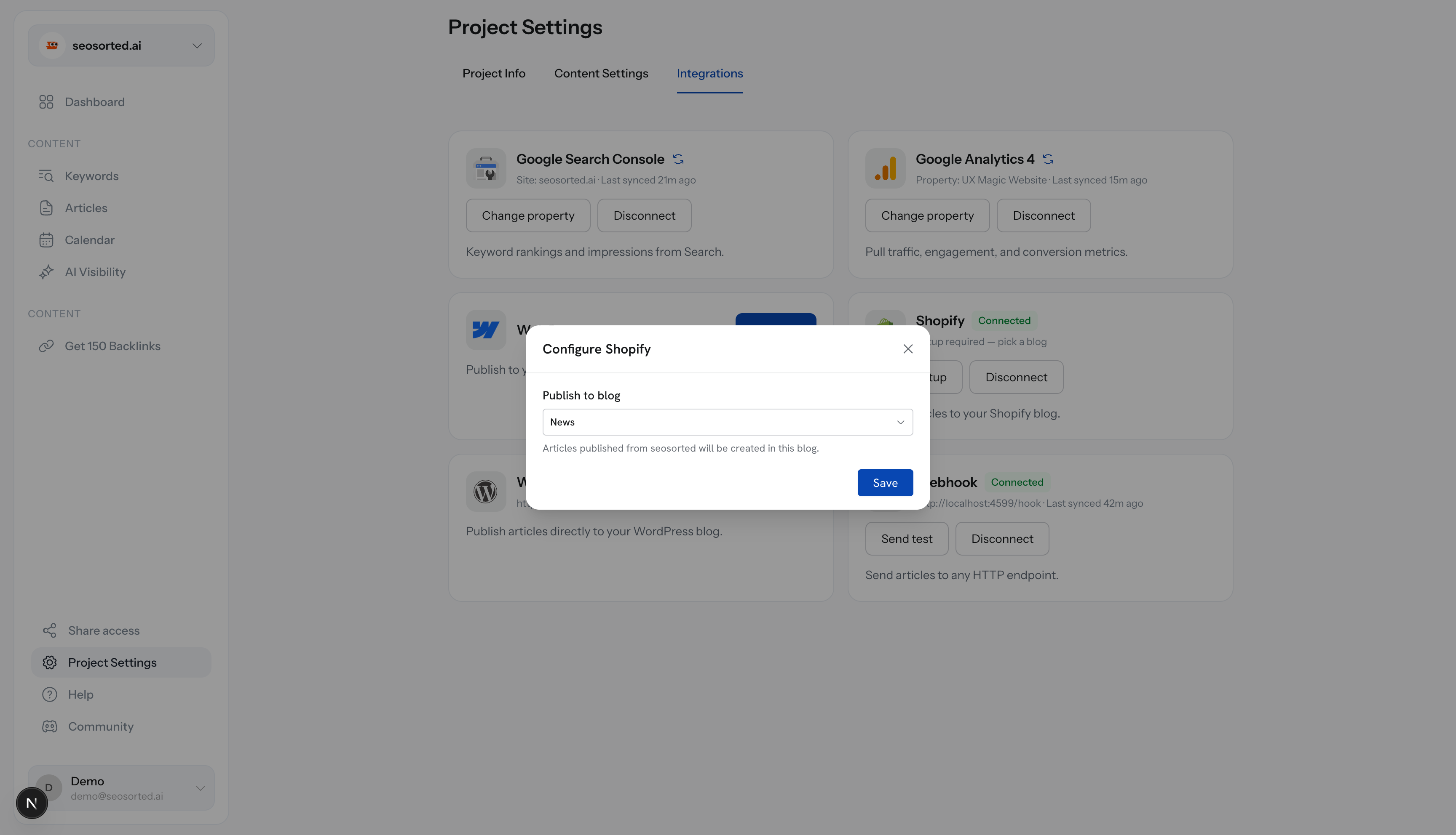 Configure Shopify dialog with a Publish to blog dropdown set to News