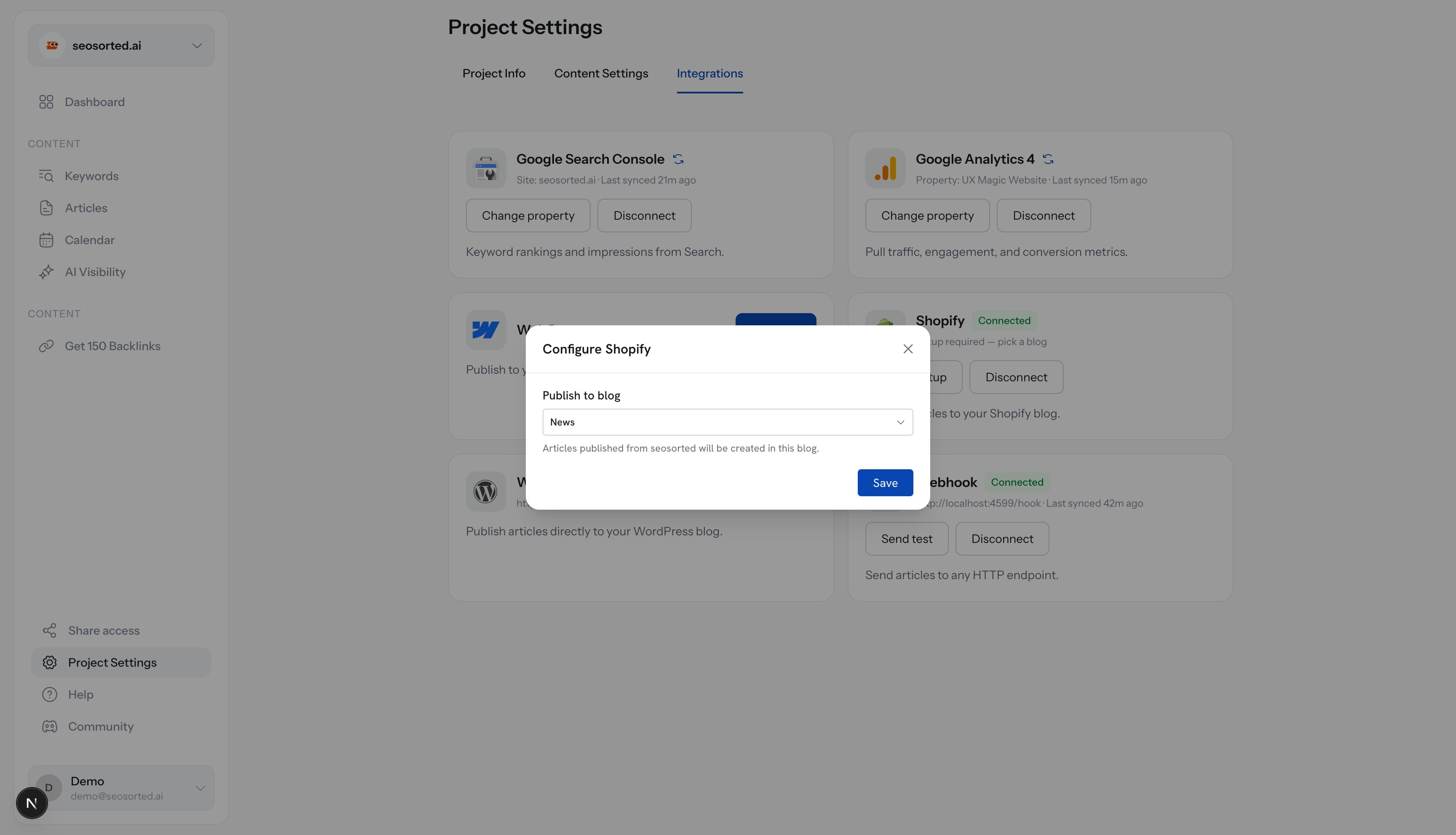 Configure Shopify dialog with a Publish to blog dropdown set to News