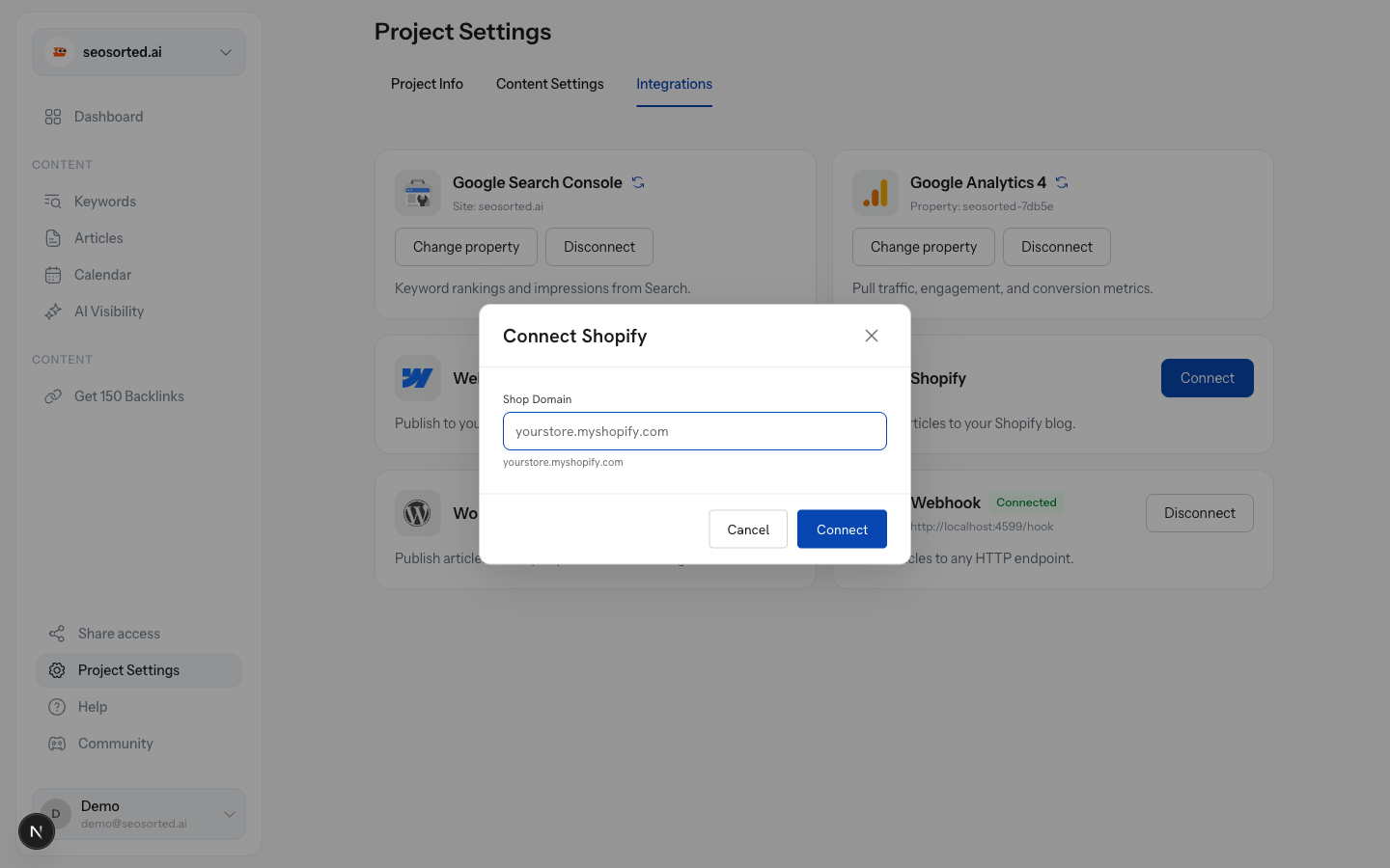 Connect Shopify dialog with a Shop Domain field