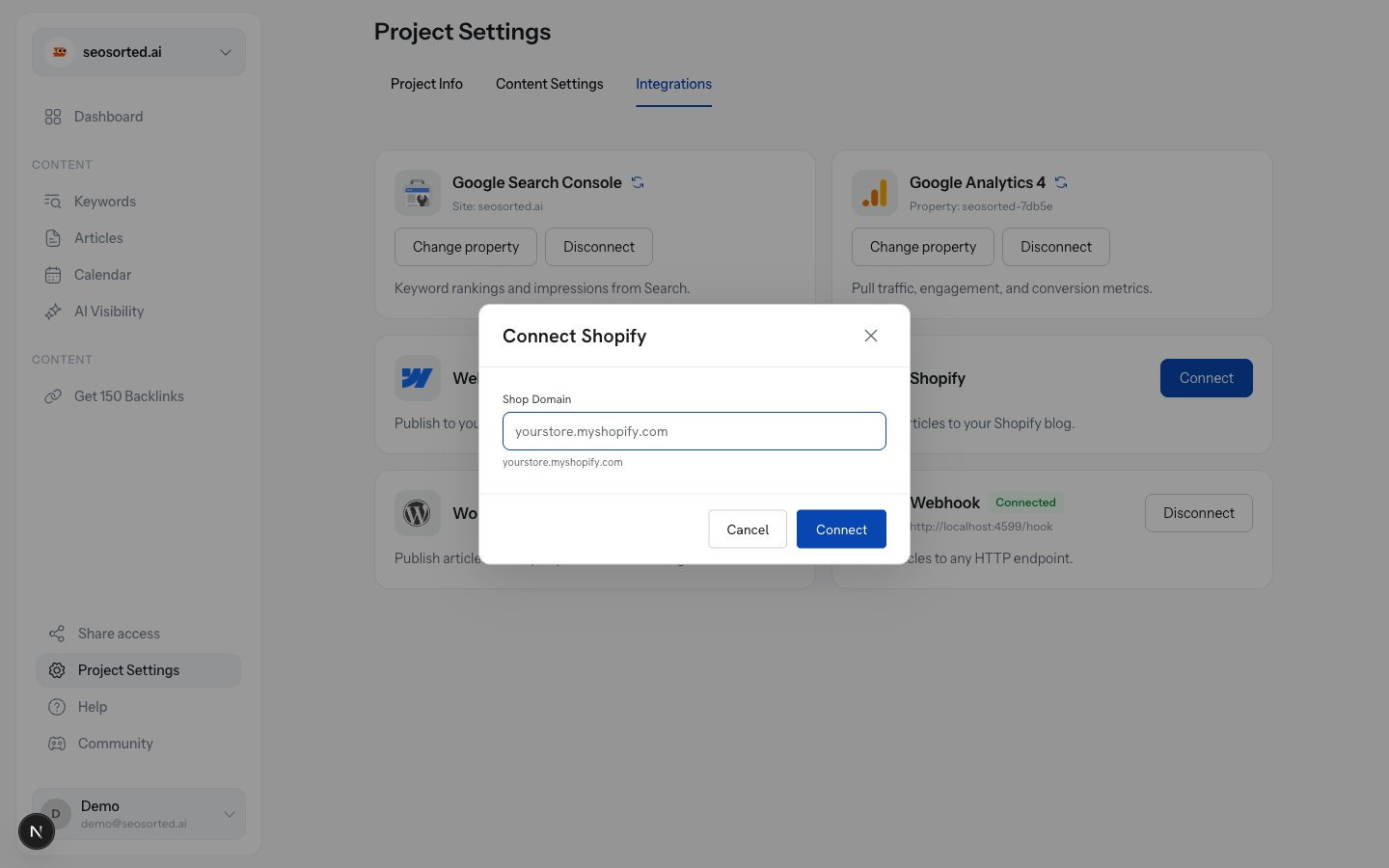 Connect Shopify dialog with a Shop Domain field