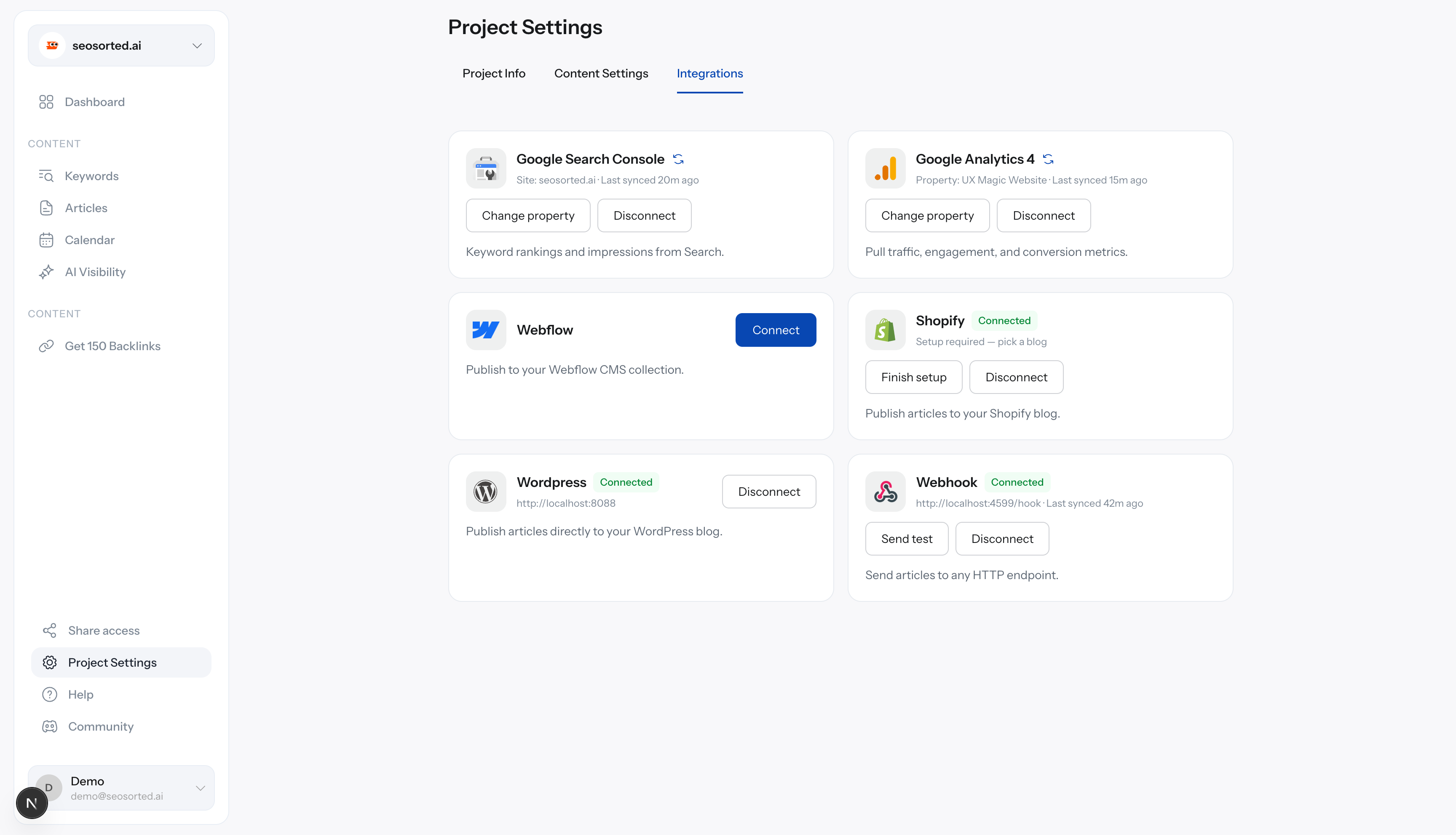Shopify card showing Connected with Setup required — pick a blog and a Finish setup button