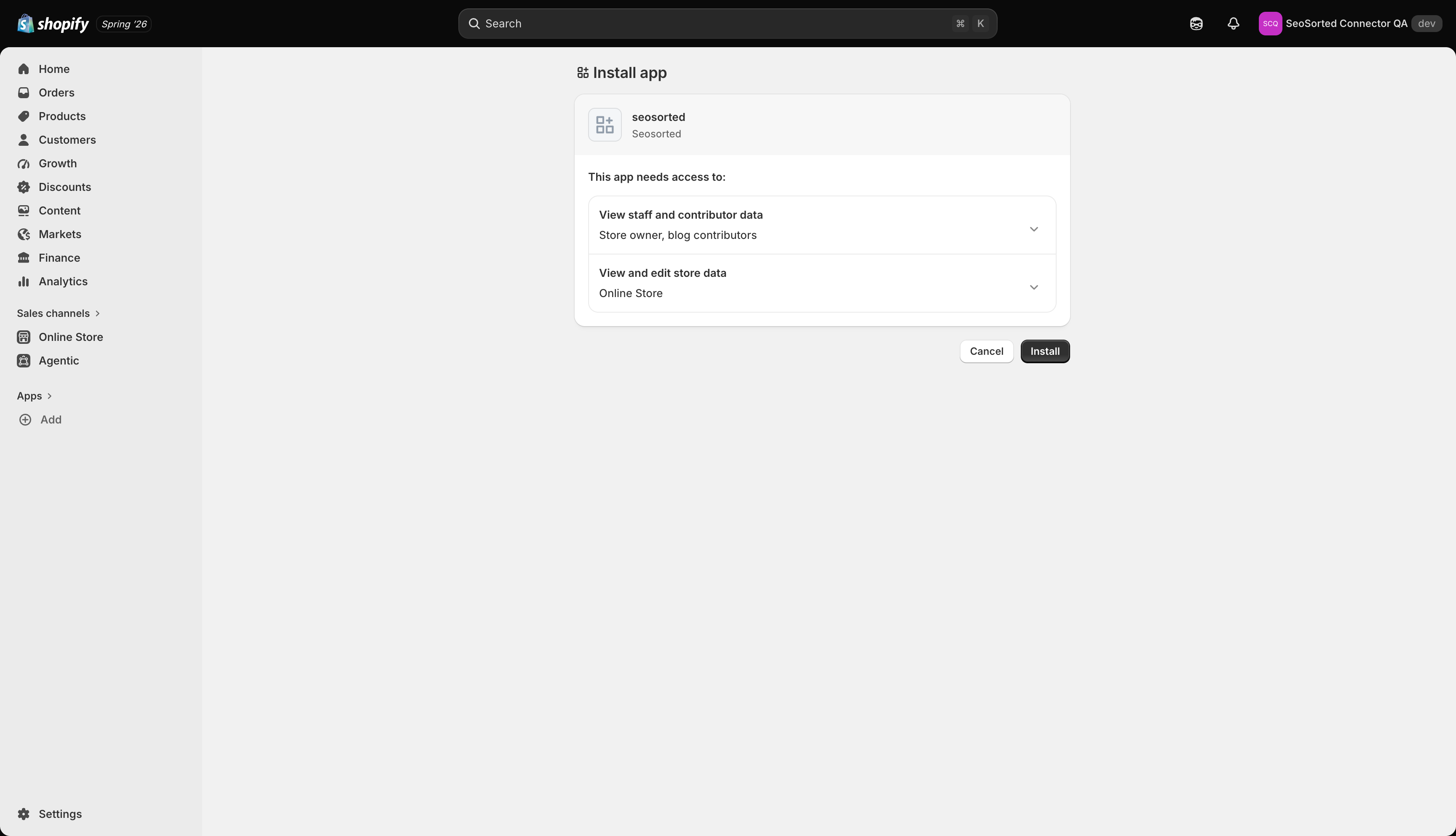 Shopify Install app screen for seosorted requesting access to staff data and store data
