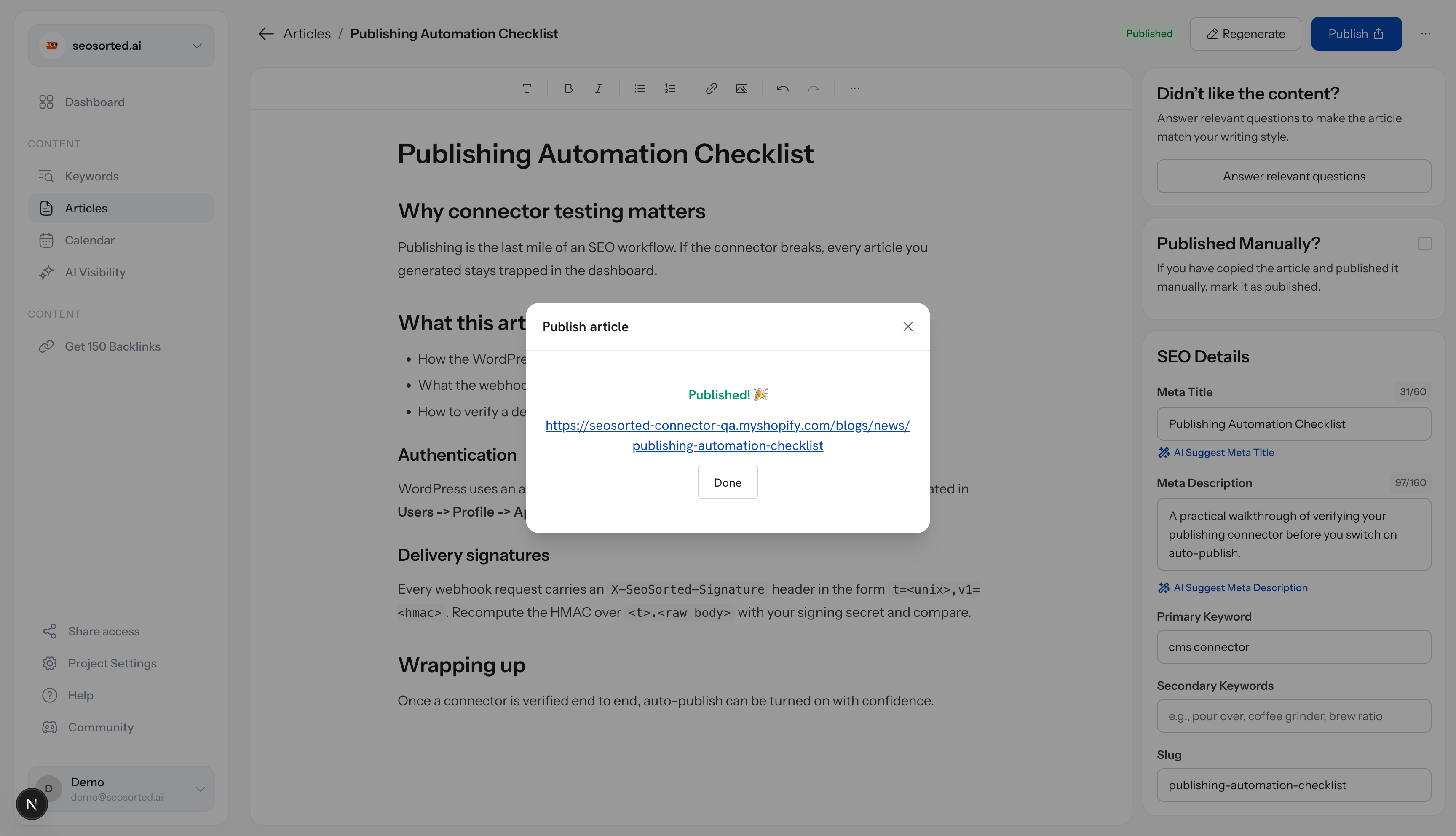 Publish dialog showing Published with a myshopify.com blogs URL