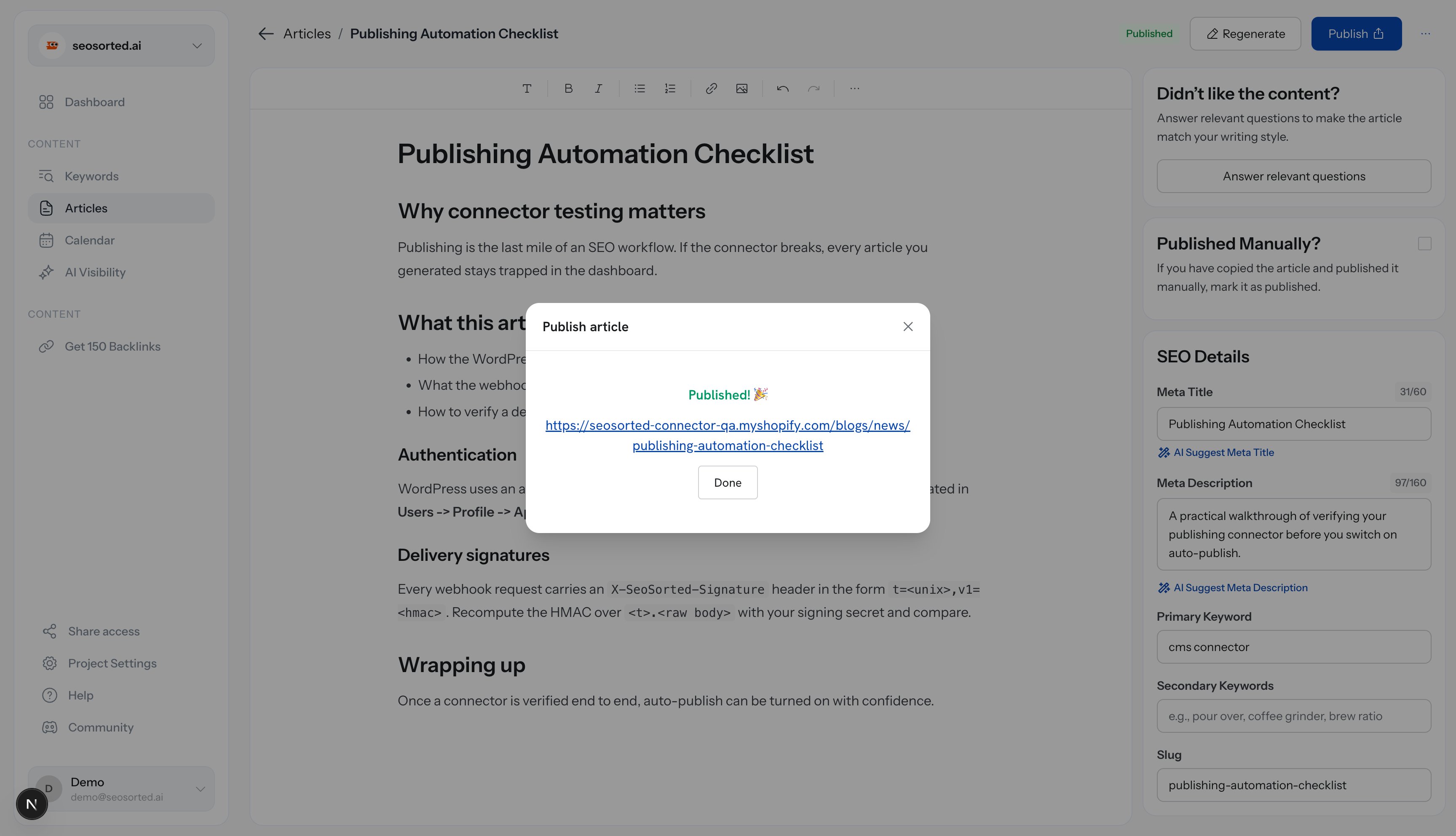 Publish dialog showing Published with a myshopify.com blogs URL