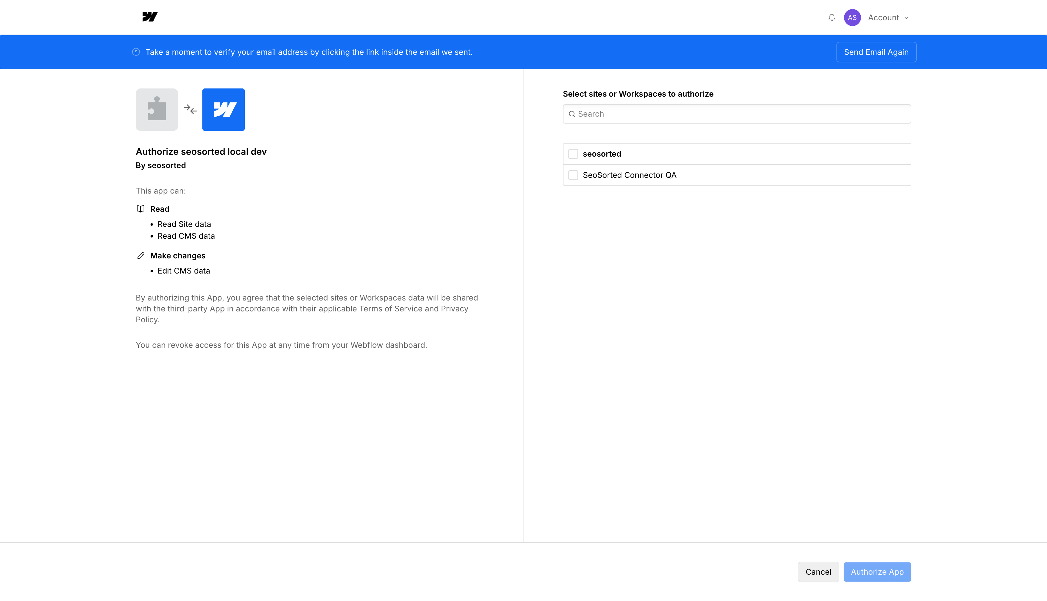 Webflow authorisation screen listing read site data, read CMS data and edit CMS data, with a site picker