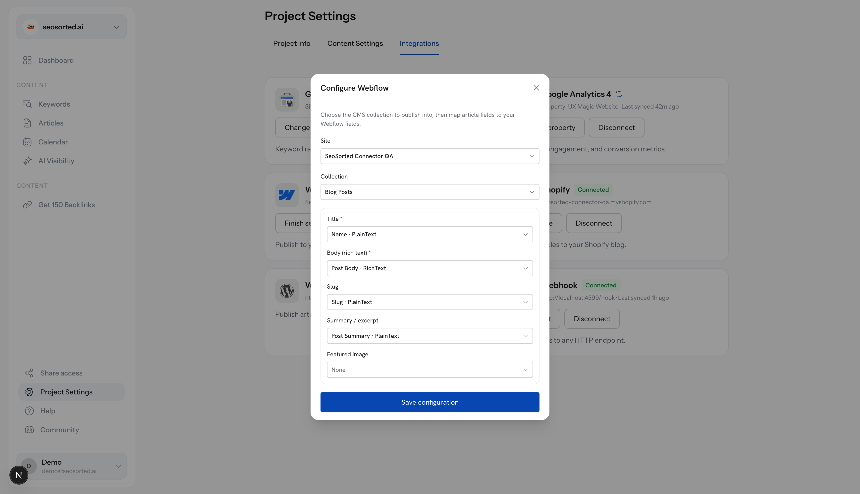 Configure Webflow dialog with site, collection and field mapping dropdowns