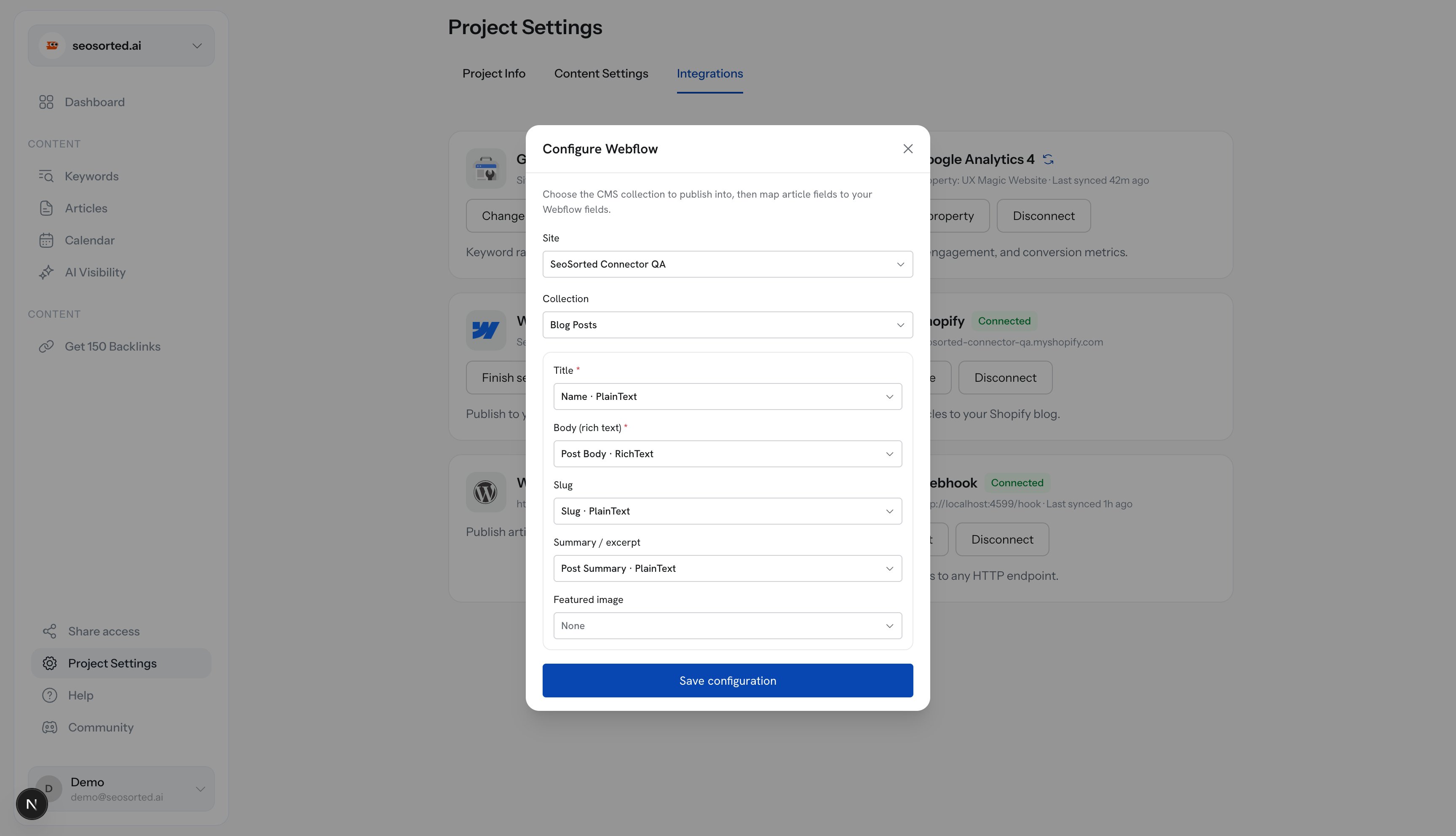 Configure Webflow dialog with site, collection and field mapping dropdowns