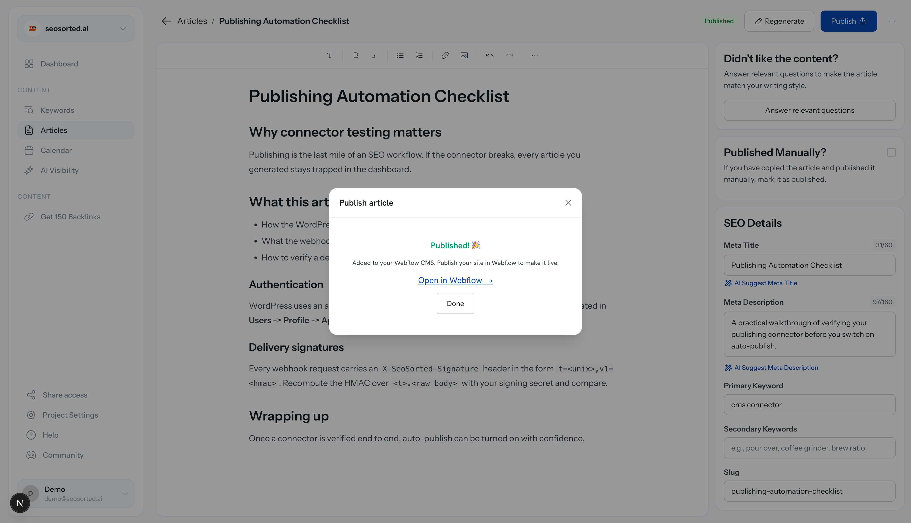 Publish dialog showing Published and a note that the destination returned no public URL