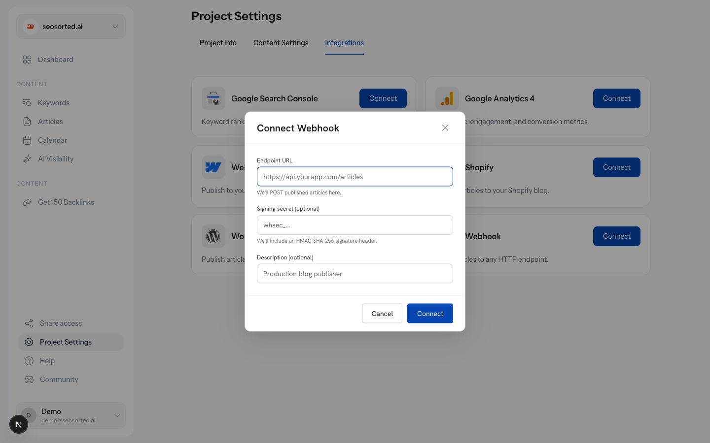Connect Webhook dialog with fields for Endpoint URL, Signing secret and Description