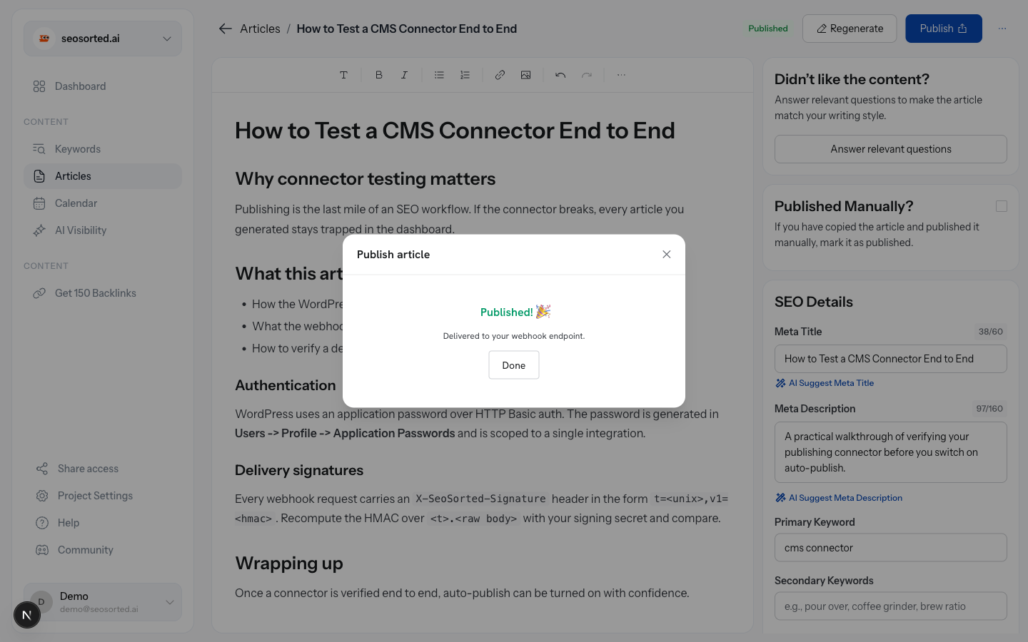 Publish dialog showing Published and Delivered to your webhook endpoint