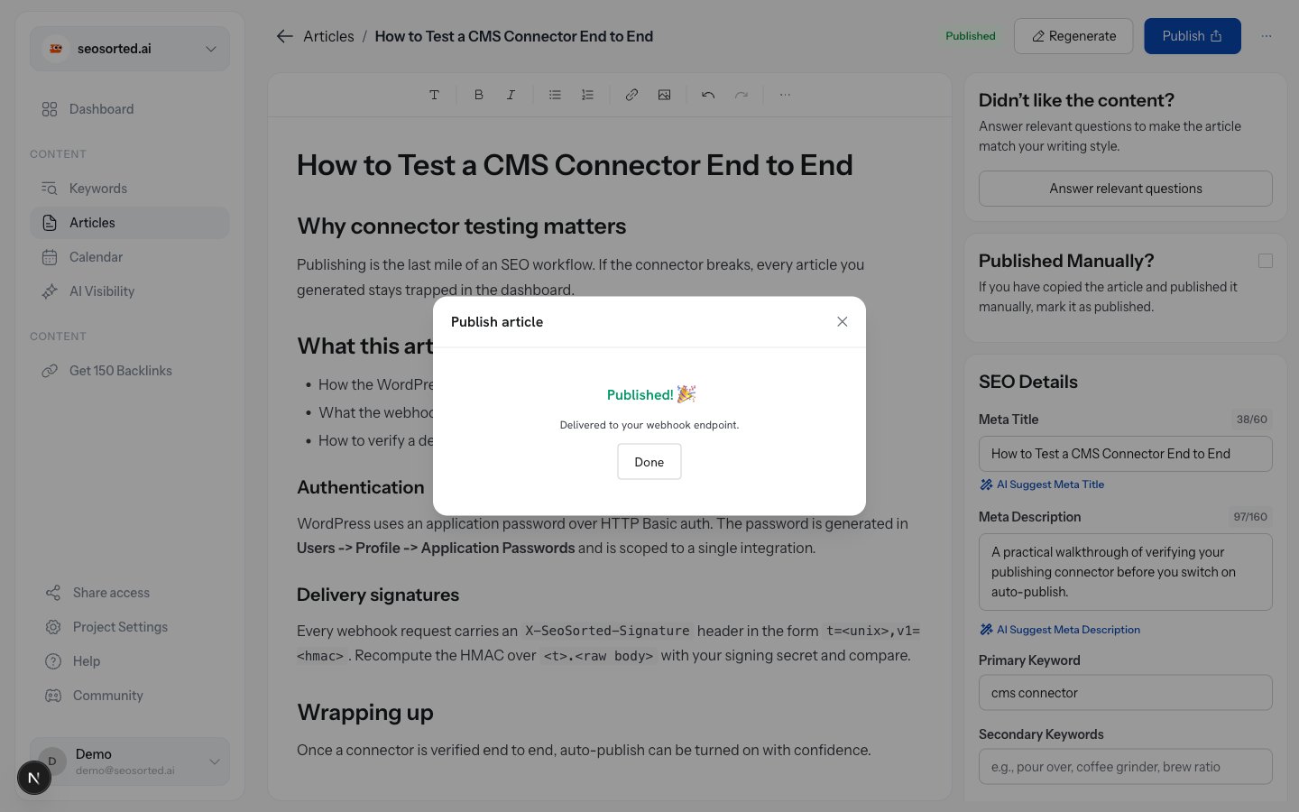 Publish dialog showing Published and Delivered to your webhook endpoint