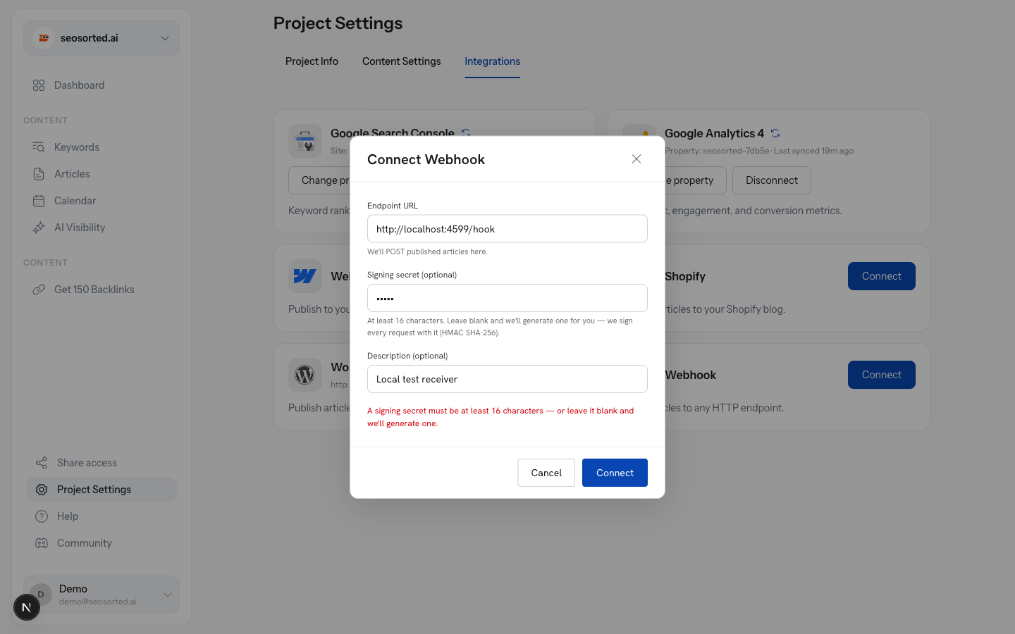 Connect Webhook dialog showing the error: a signing secret must be at least 16 characters