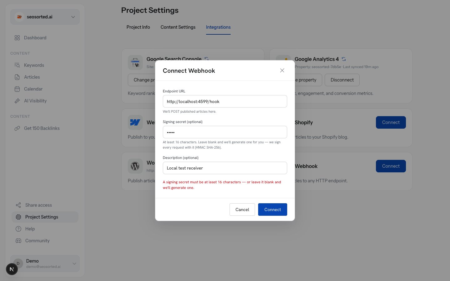 Connect Webhook dialog showing the error: a signing secret must be at least 16 characters